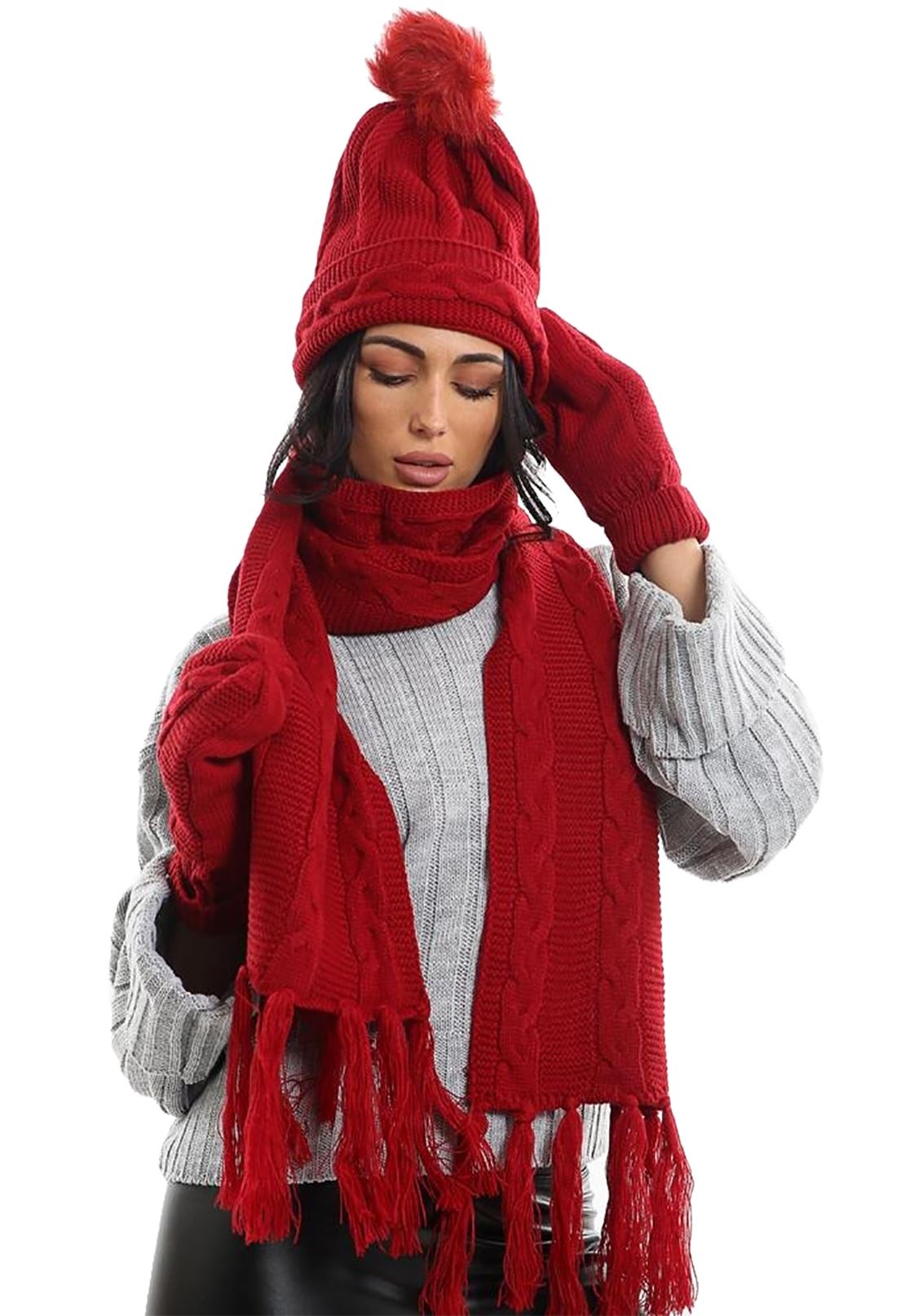 Ladies Knitted Lined Mittens Hat Scarf Set Womens Fleece Winter Warm