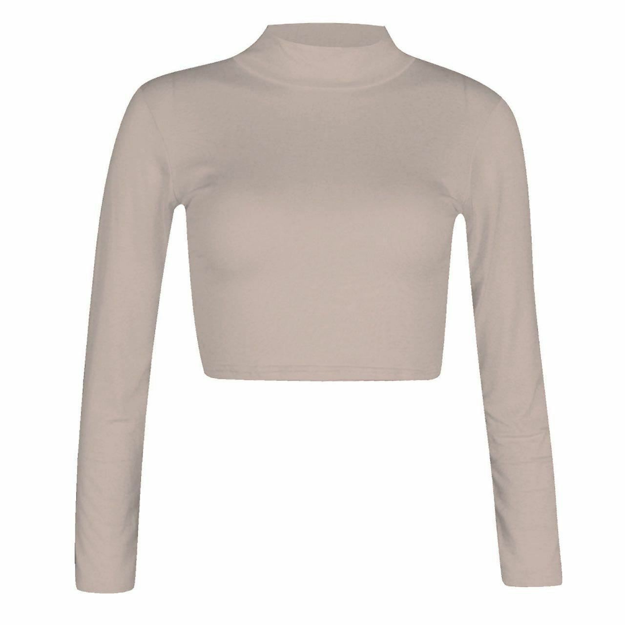 Women Polo Neck Long Sleeve Crop Top Ladies Party Wear Plain Stretch Shirt Top - Bild 21 von 26