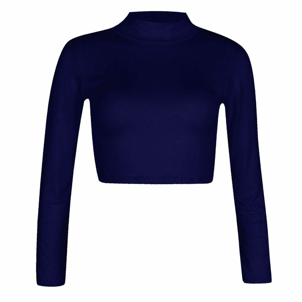 Women Polo Neck Long Sleeve Crop Top Ladies Party Wear Plain Stretch Shirt Top - Bild 22 von 26