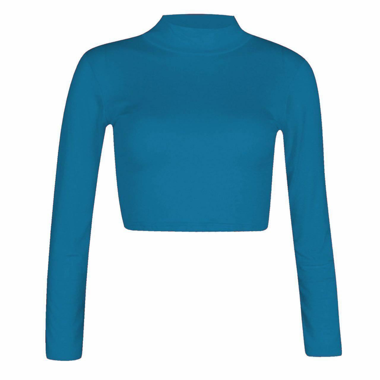 Women Polo Neck Long Sleeve Crop Top Ladies Party Wear Plain Stretch Shirt Top - Bild 24 von 26