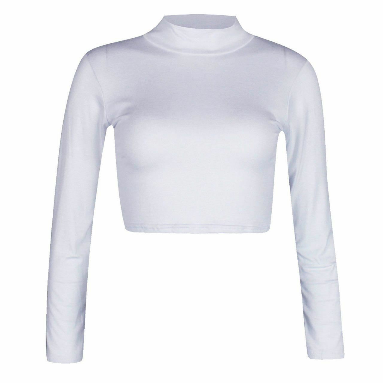 Women Polo Neck Long Sleeve Crop Top Ladies Party Wear Plain Stretch Shirt Top - Bild 3 von 26
