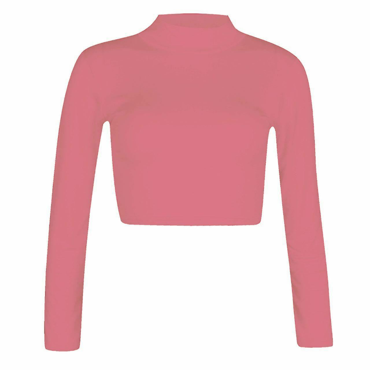 Women Polo Neck Long Sleeve Crop Top Ladies Party Wear Plain Stretch Shirt Top - Bild 13 von 26