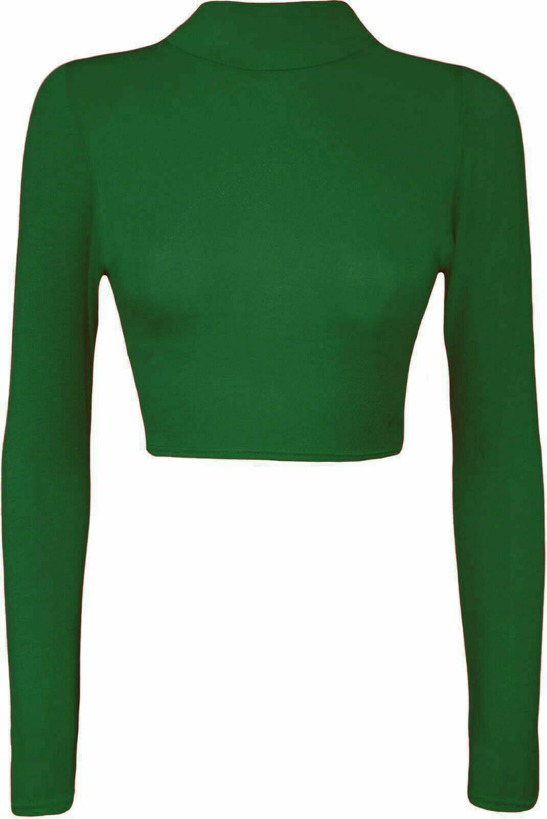 Women Polo Neck Long Sleeve Crop Top Ladies Party Wear Plain Stretch Shirt Top - Bild 2 von 26