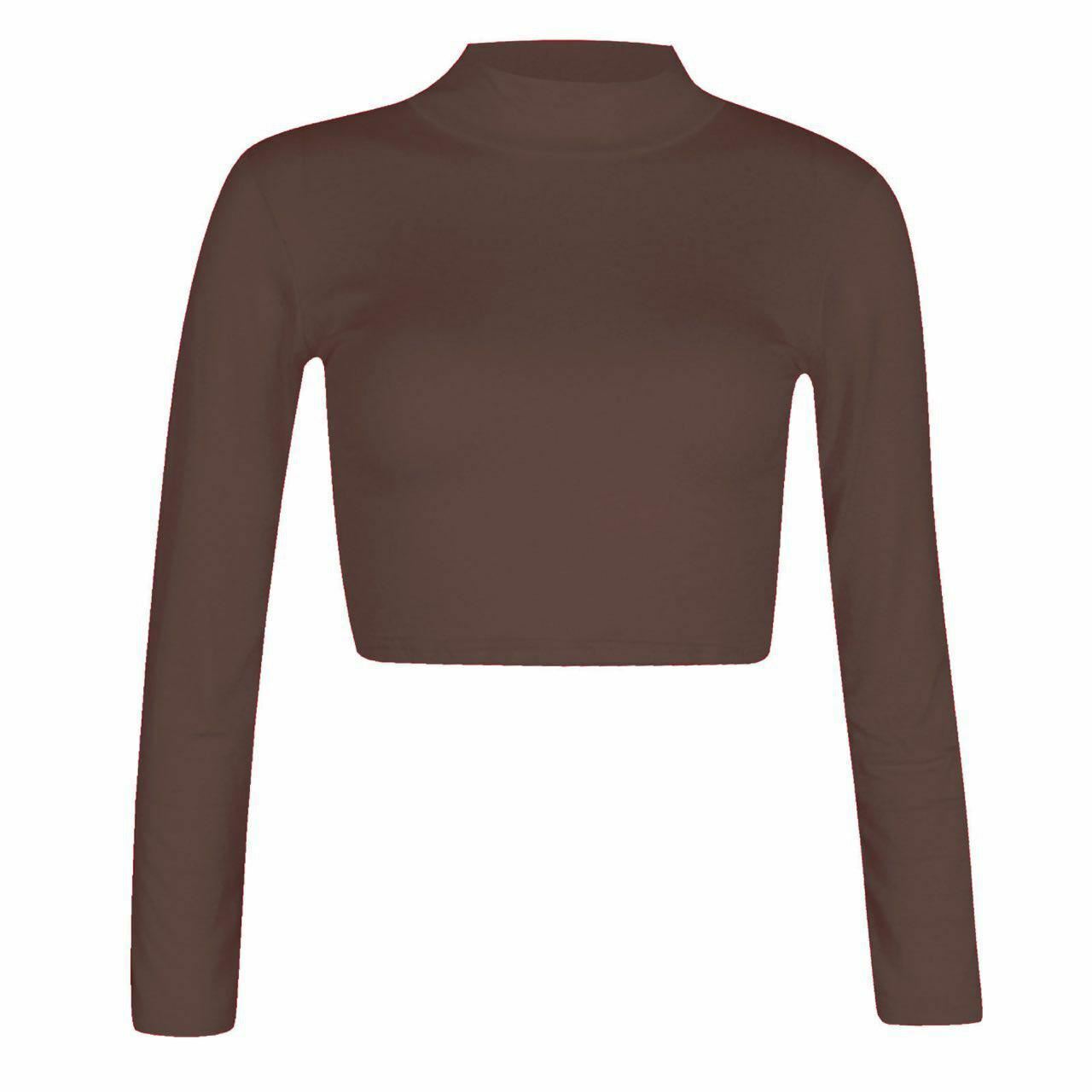 Women Polo Neck Long Sleeve Crop Top Ladies Party Wear Plain Stretch Shirt Top - Bild 6 von 26