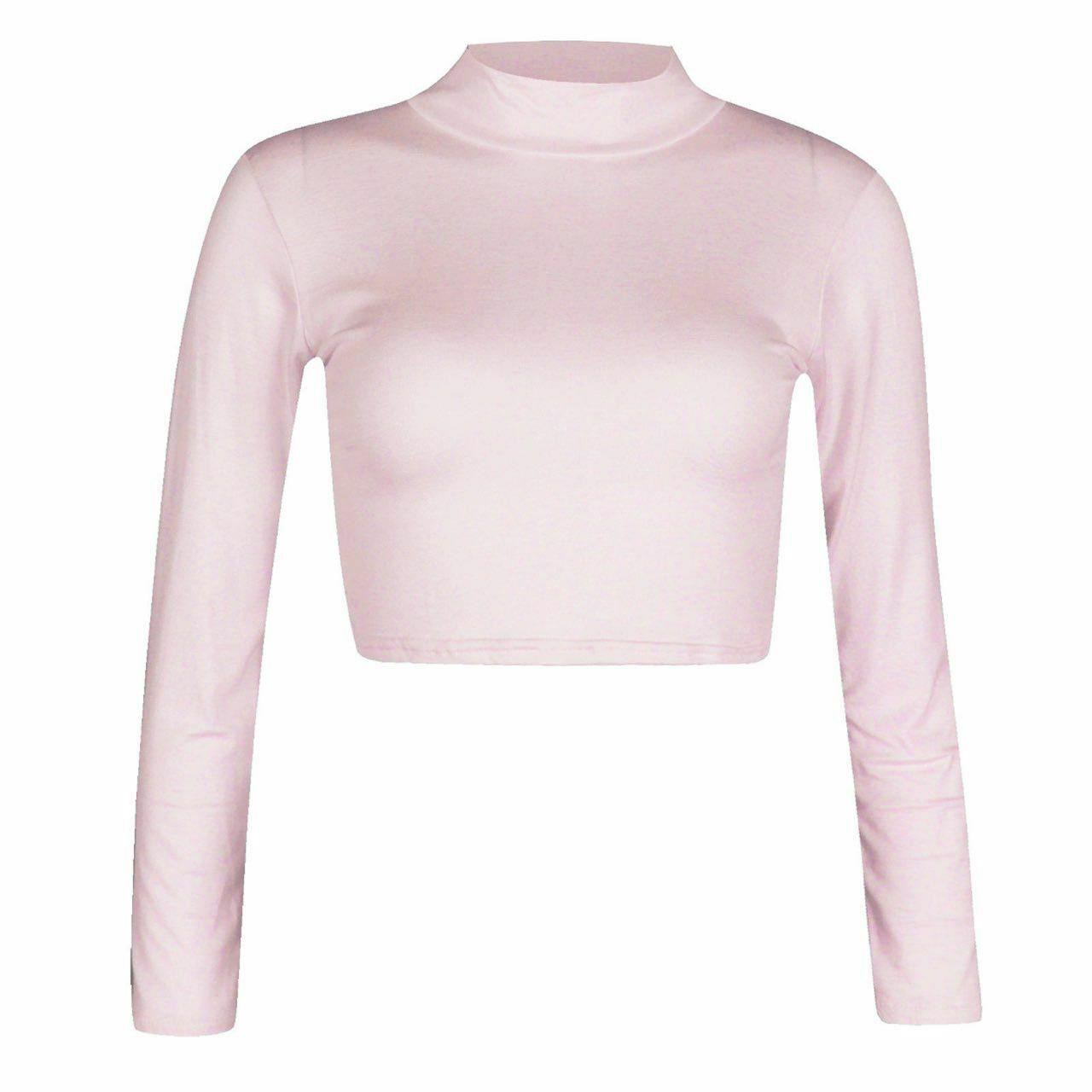 Women Polo Neck Long Sleeve Crop Top Ladies Party Wear Plain Stretch Shirt Top - Bild 12 von 26