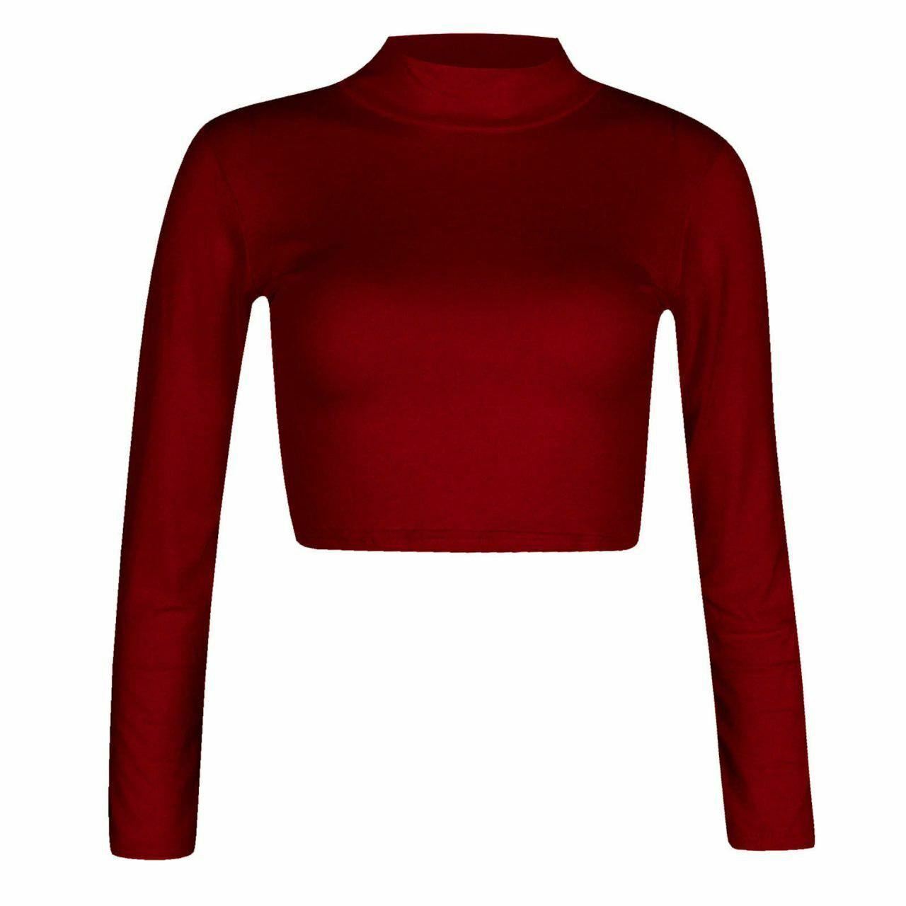 Women Polo Neck Long Sleeve Crop Top Ladies Party Wear Plain Stretch Shirt Top - Bild 16 von 26