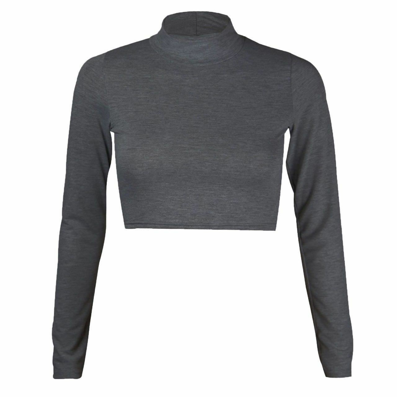 Women Polo Neck Long Sleeve Crop Top Ladies Party Wear Plain Stretch Shirt Top - Bild 5 von 26