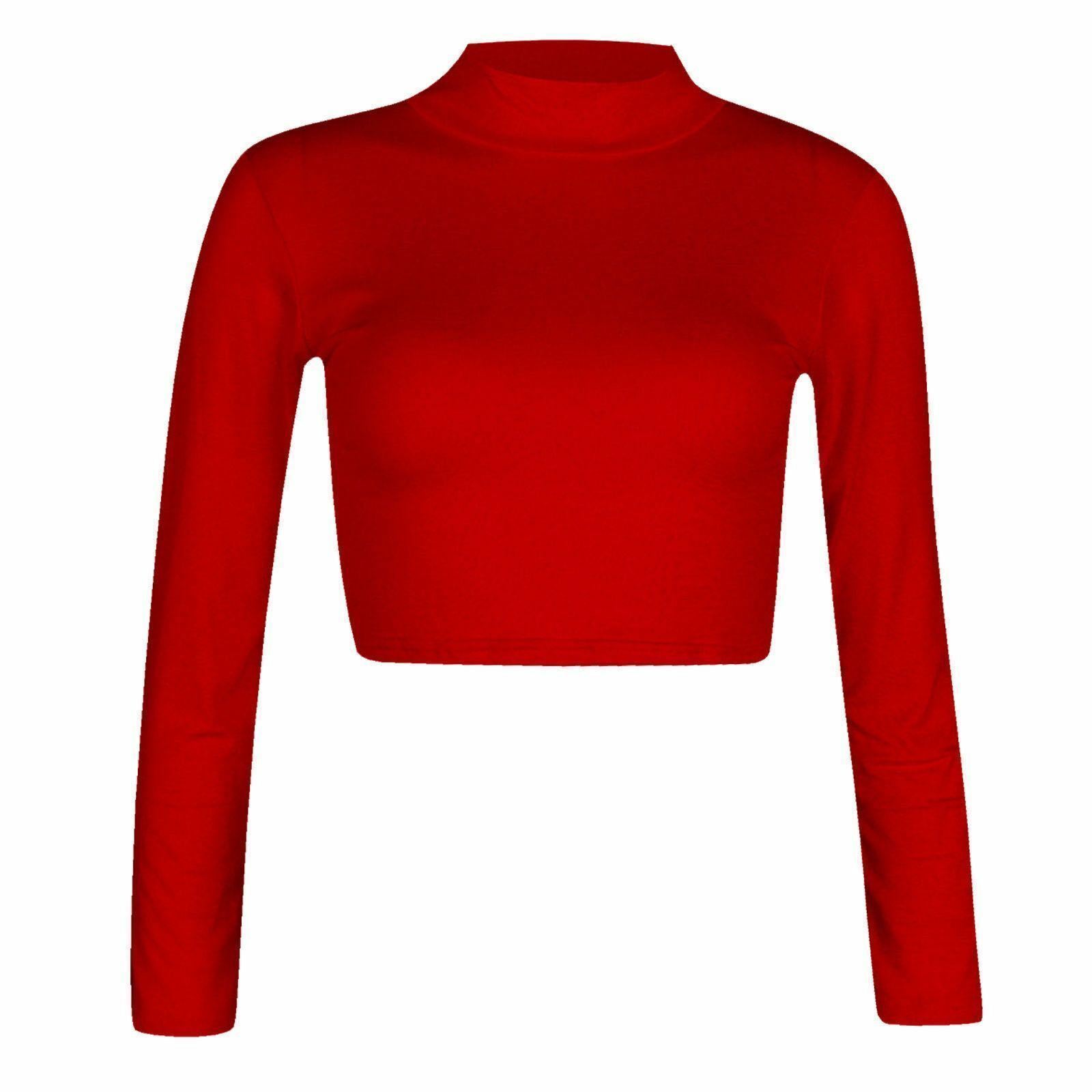 Women Polo Neck Long Sleeve Crop Top Ladies Party Wear Plain Stretch Shirt Top - Bild 26 von 26