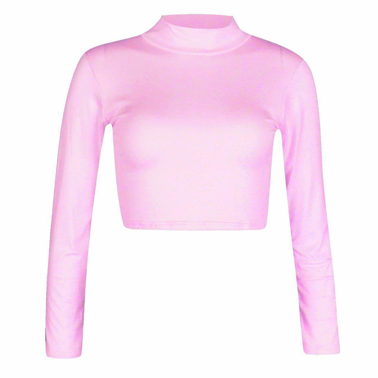 Women Polo Neck Long Sleeve Crop Top Ladies Party Wear Plain Stretch Shirt Top - Bild 18 von 26