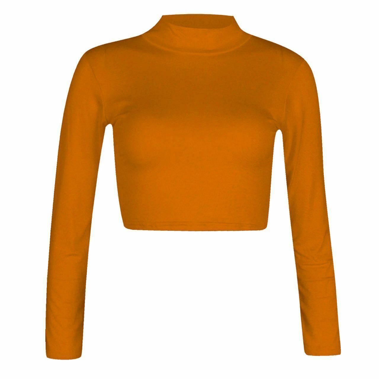 Women Polo Neck Long Sleeve Crop Top Ladies Party Wear Plain Stretch Shirt Top - Bild 11 von 26