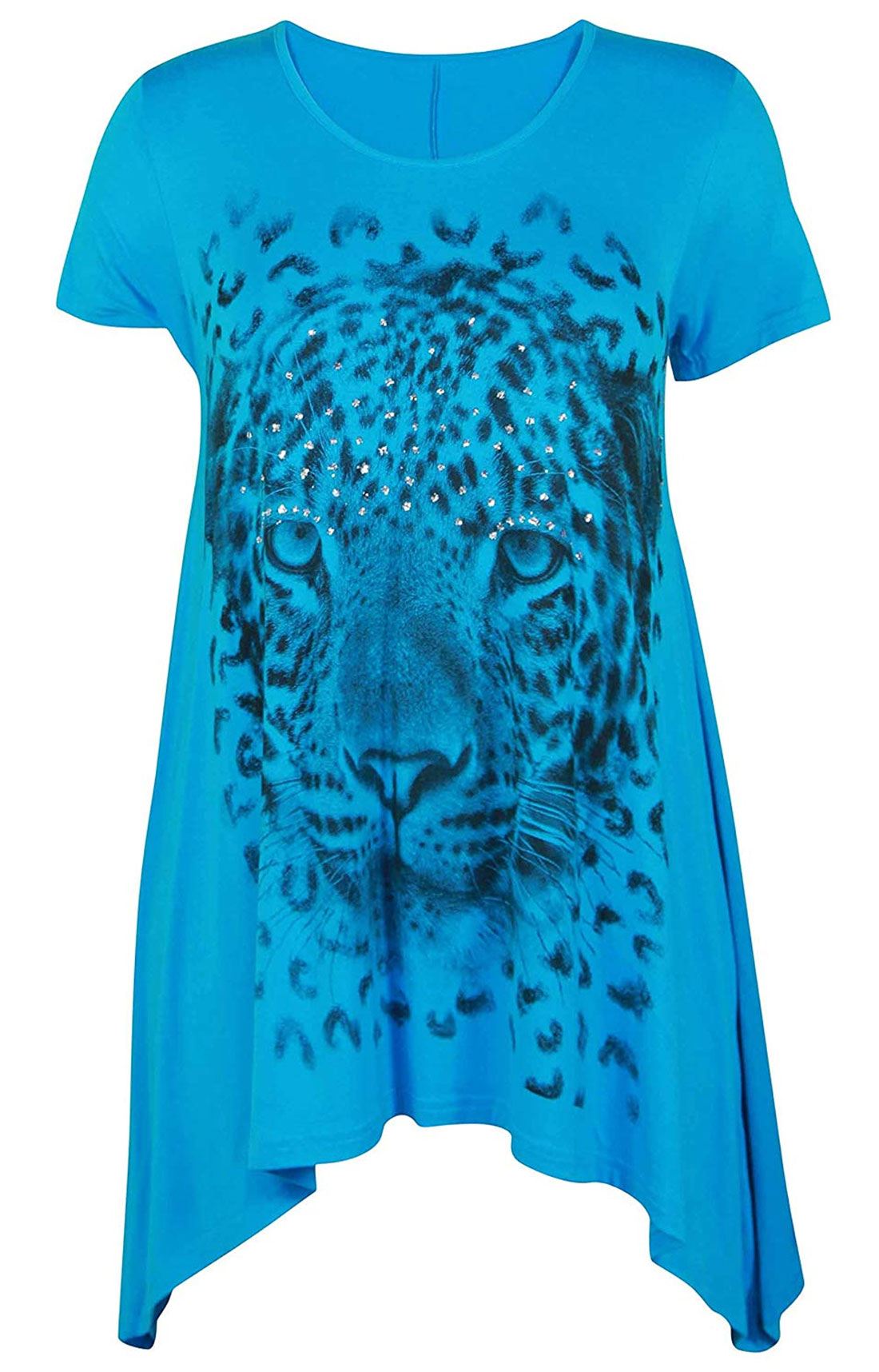 Women's Tiger Face Print Scoop Neck Top - Uneven Hem Short Sleeve Party Wear (Turquoise, US 18-20)