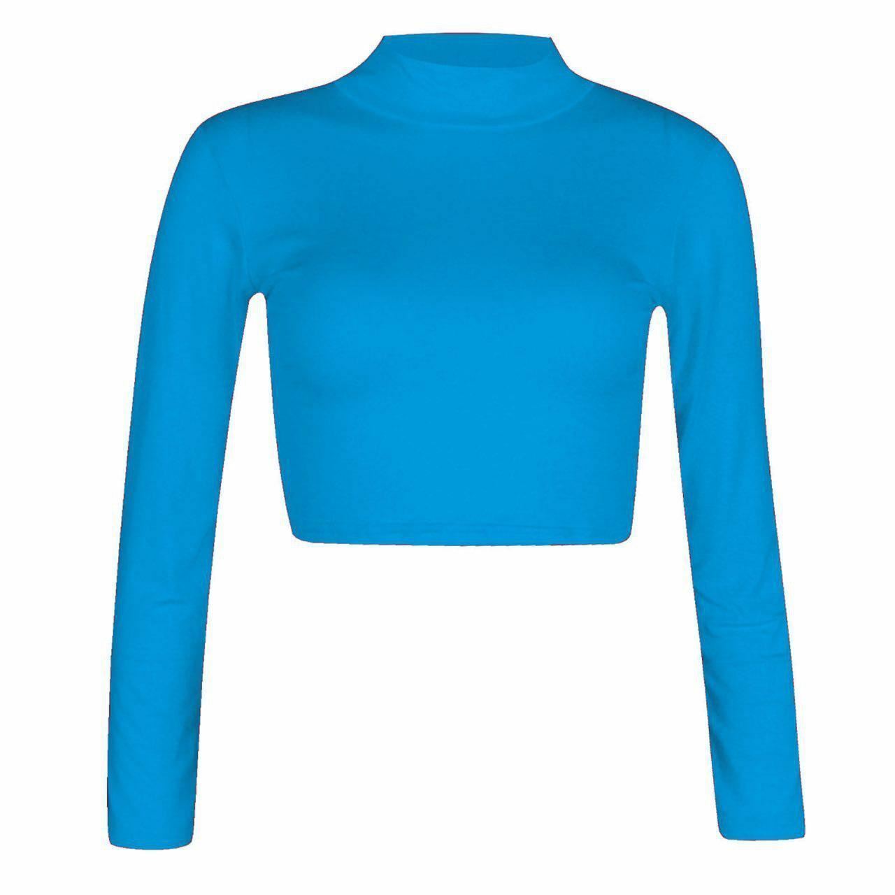 Women Polo Neck Long Sleeve Crop Top Ladies Party Wear Plain Stretch Shirt Top - Bild 25 von 26