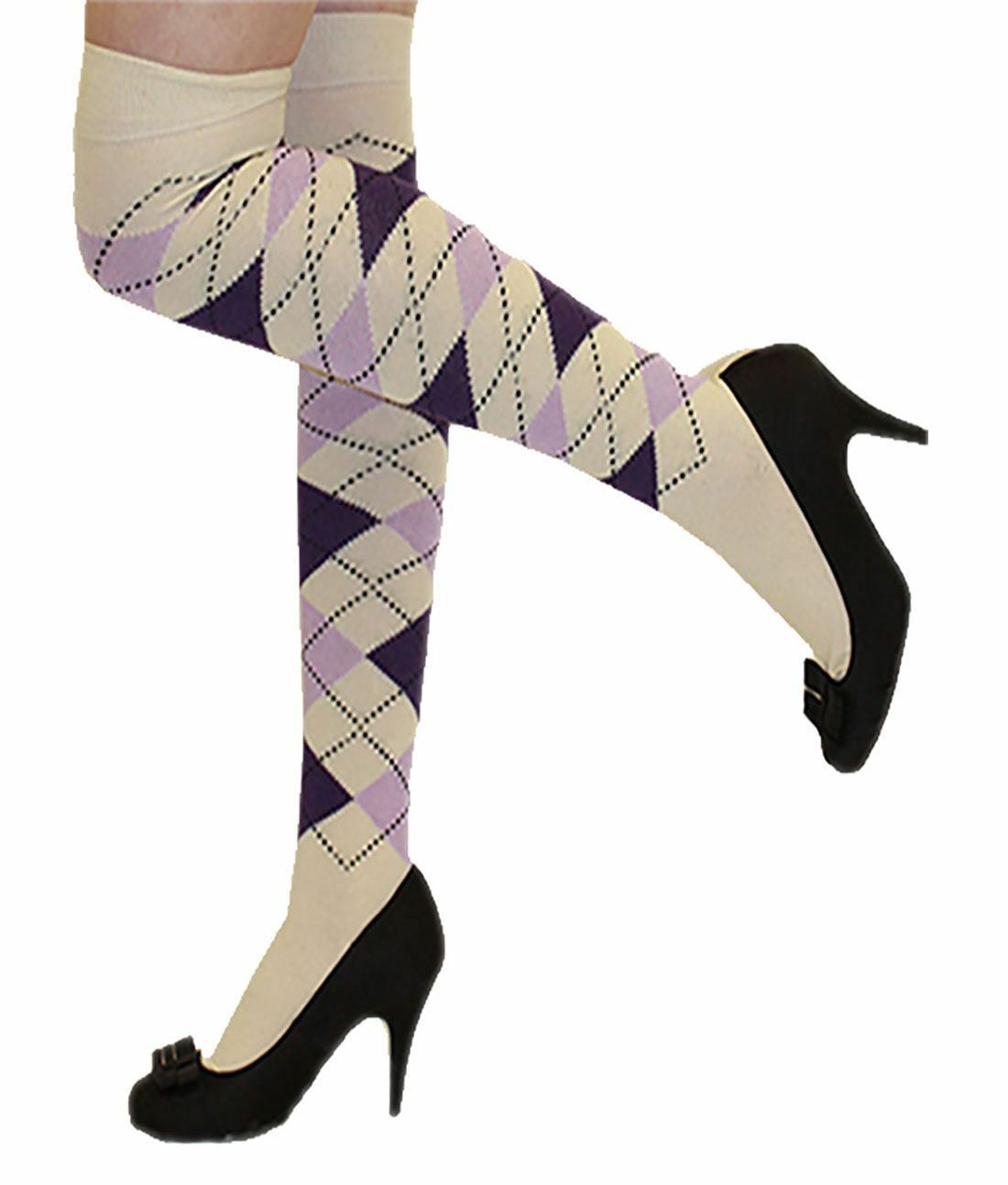 Ladies Plain Printed Over the Knee Socks Womens Party Wear Checked Bow OTK Socks - Picture 43 of 49