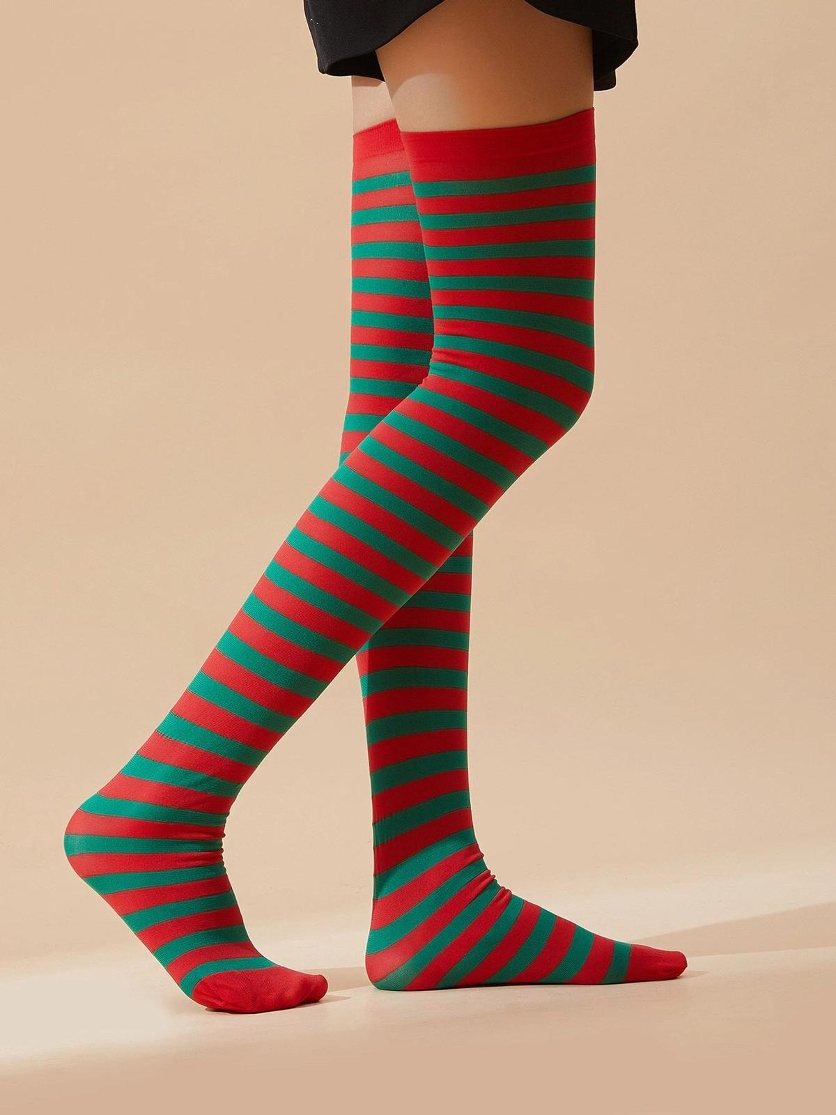 Ladies Plain Printed Over the Knee Socks Womens Party Wear Checked Bow OTK Socks - Picture 26 of 49