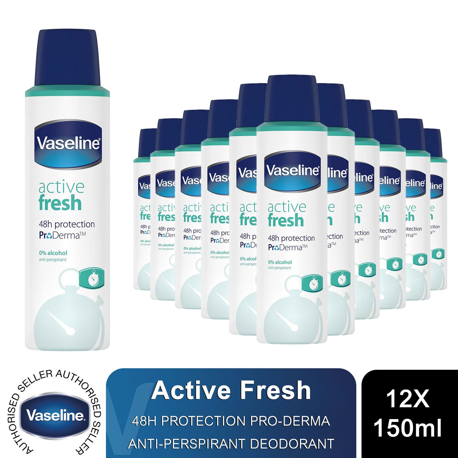Vaseline ProDerma Antiperspirant Deodorant ActiveFresh 150ml 48H Protection,12PK