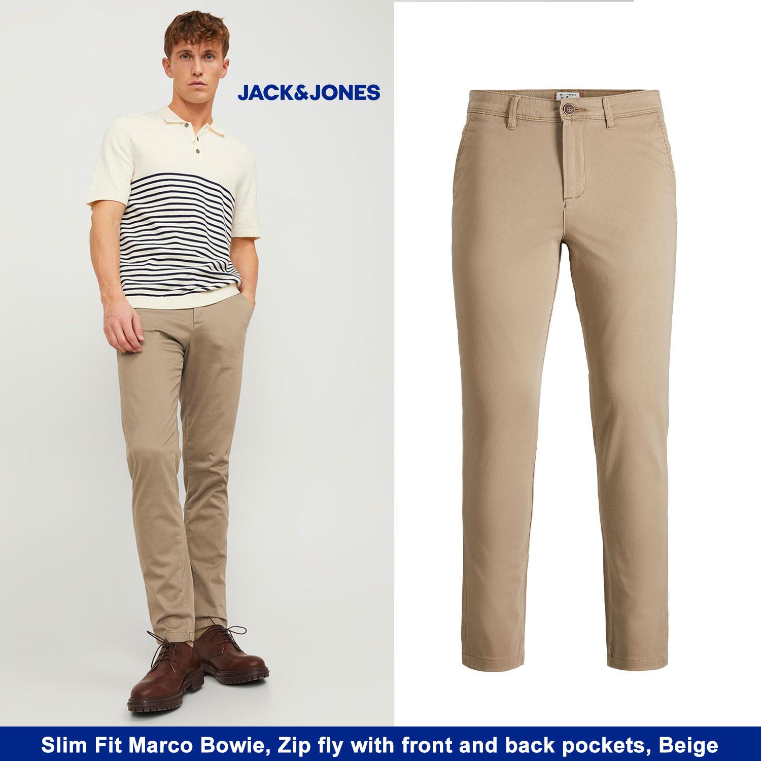 Mens Chinos by Jack & Jones Zip Fly with Front and Back Pockets, Navy or Black