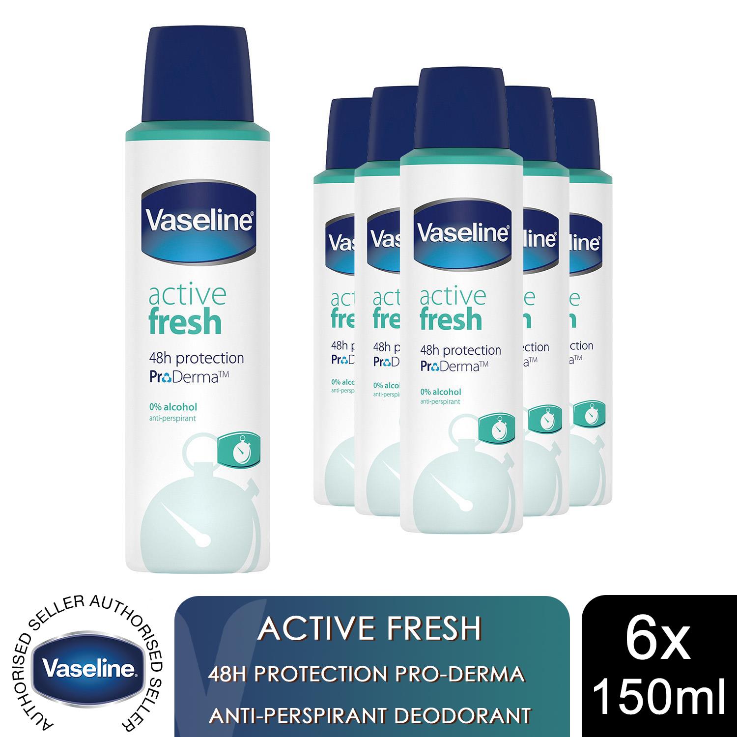 Vaseline ProDerma Antiperspirant Deodorant Active Fresh 150ml 48H Protection,6PK