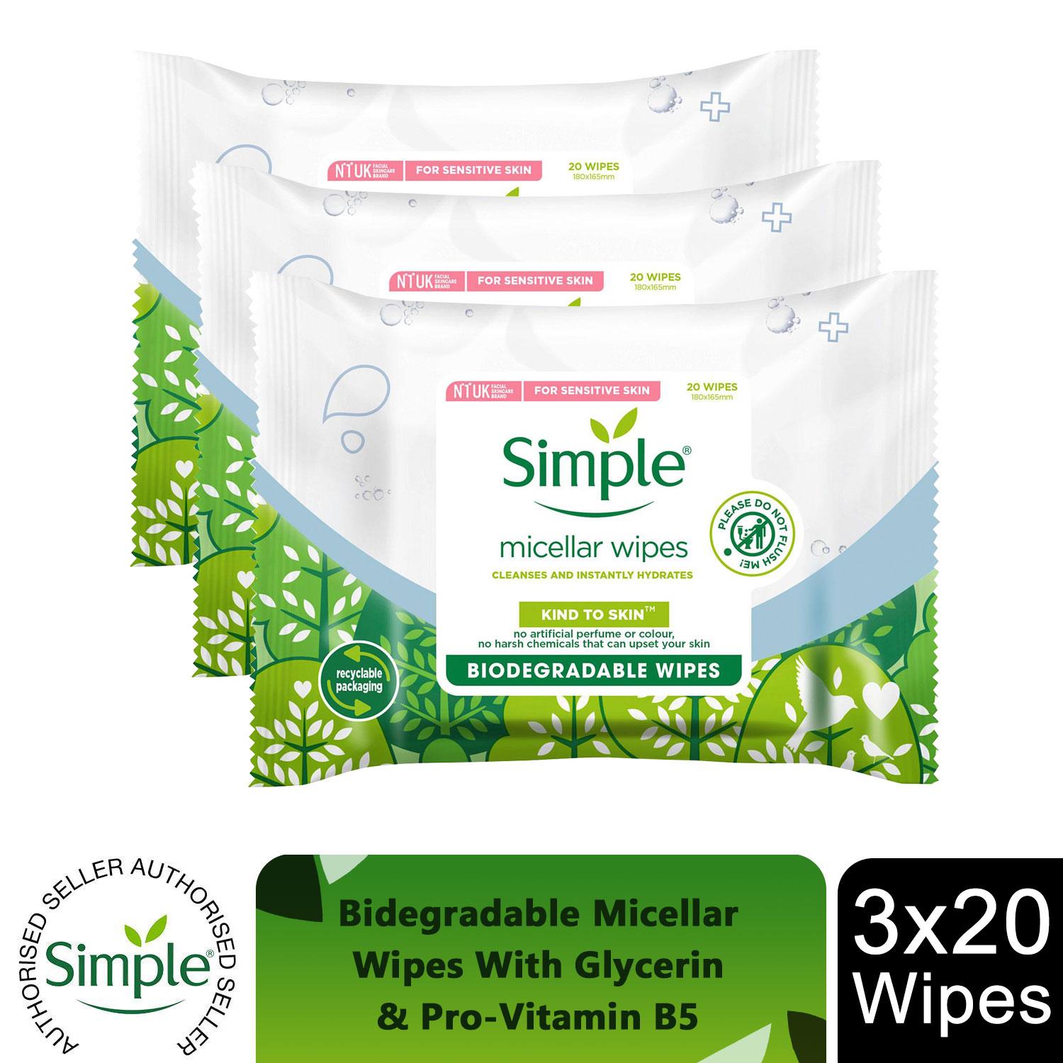 Simple Biodegradable Cleansing Facial Wipes, 3x20 Wipes - Picture 11 of 54