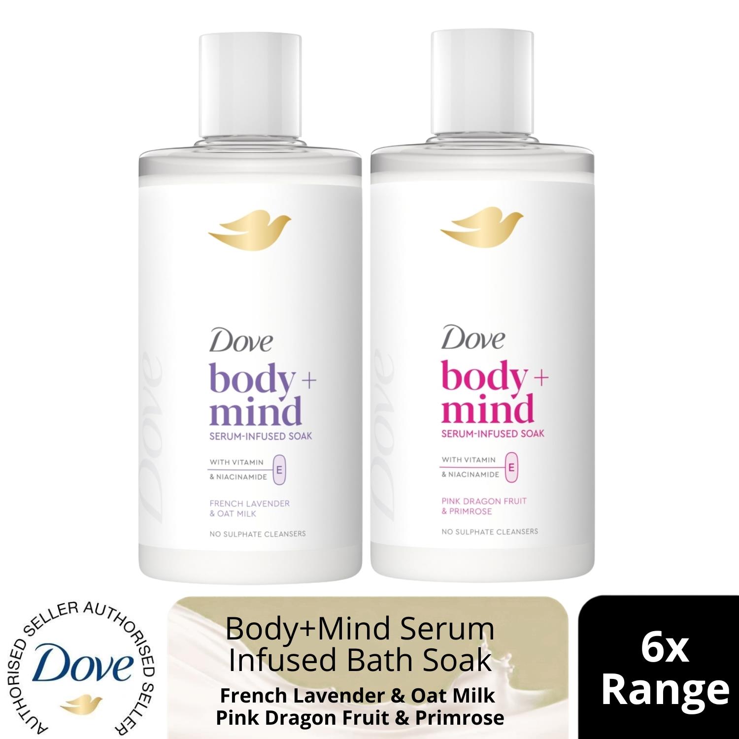 Dove Body + Mind Bath Soak 400ml, 6 Pack - French Lavender or Dragon Fruit