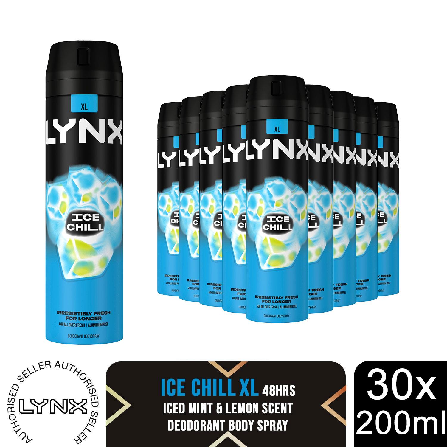 Lynx XL Ice Chill Body Spray Deo 48H Fresh Iced Mint & Lemon Scent 200ml, 30 Pk