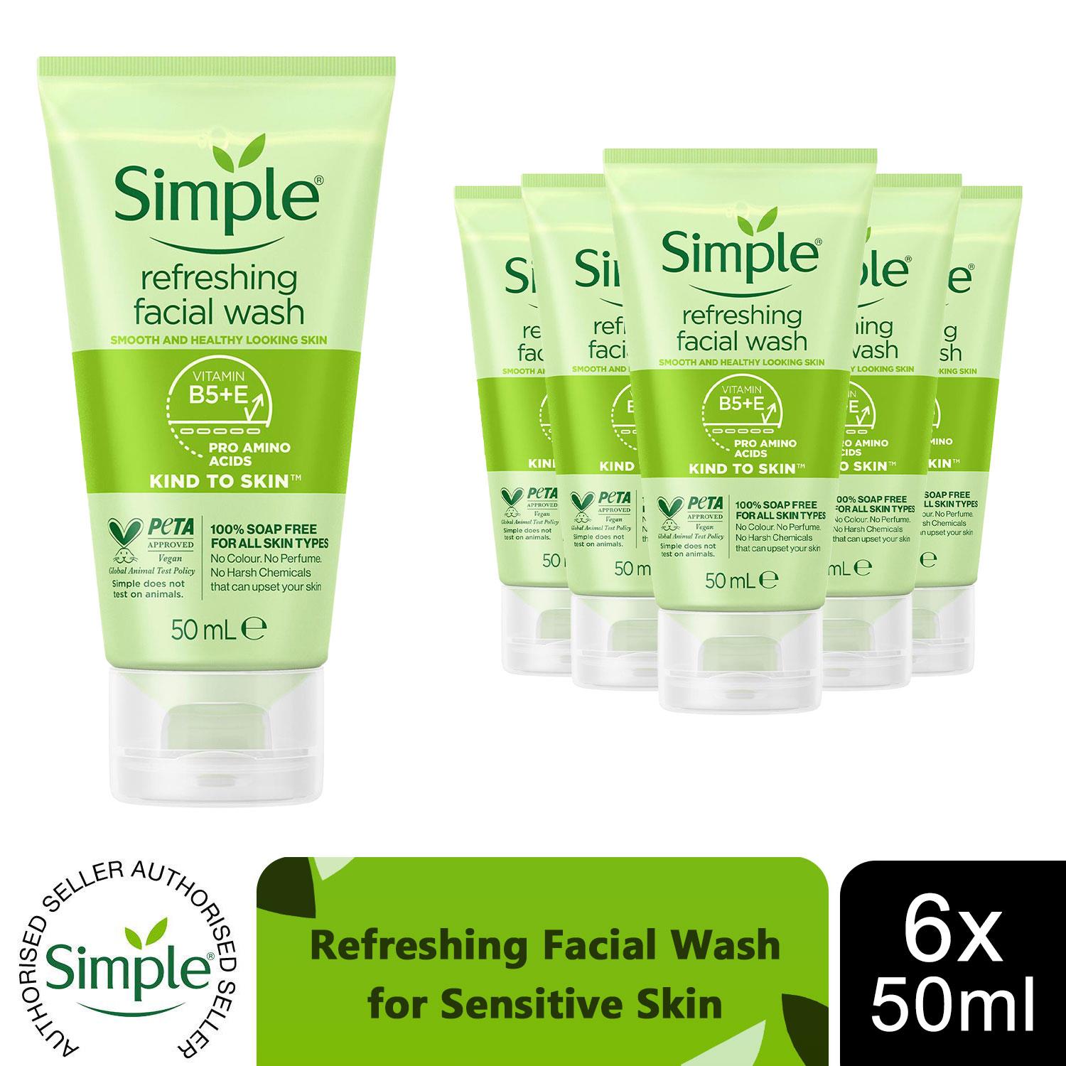 6 x 50ml Simple Kind to Skin Soap Free Refreshing Facial Gel Wash - Picture 11 of 20