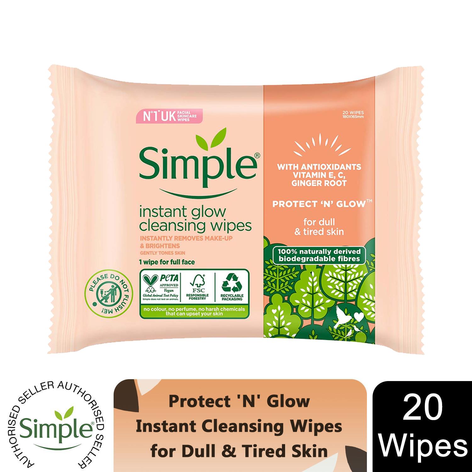 Simple Protect 'n' Glow Cleansing Wipes, 60 or 120 Wipes, 3 or 6 Pack