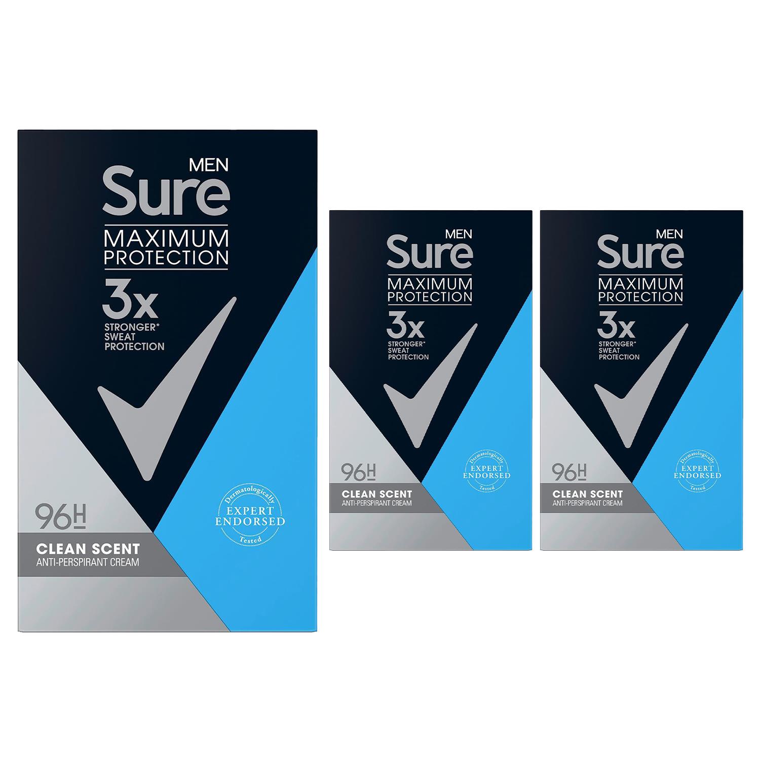 Sure Men Clean Scent or Sports Active Anti-Perspirant Cream Stick, 3 Pack, 45ml - Picture 17 of 17