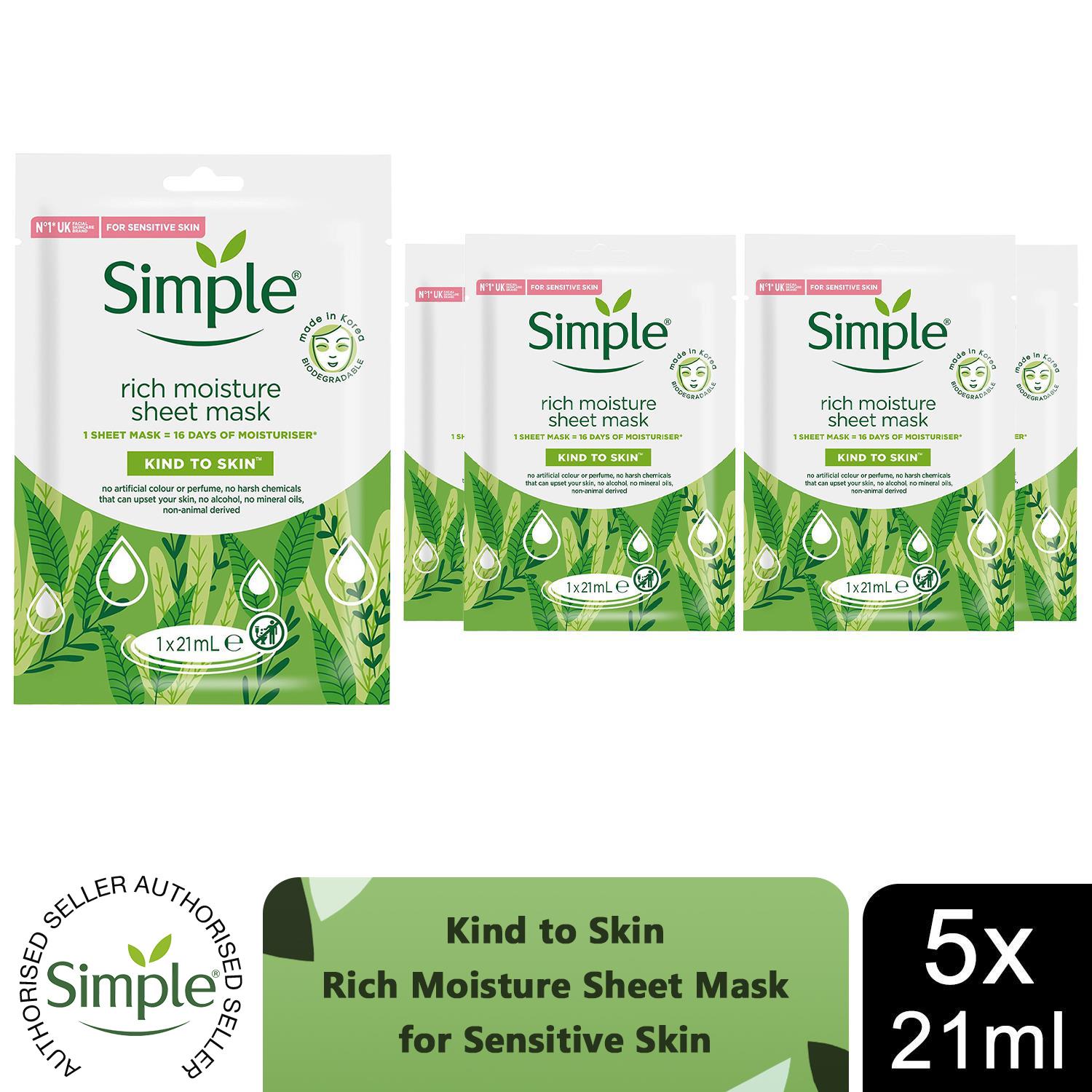 Simple Face Sheet Masks - Hydrating Coconut Water & Rich Moisture, 5 Pack