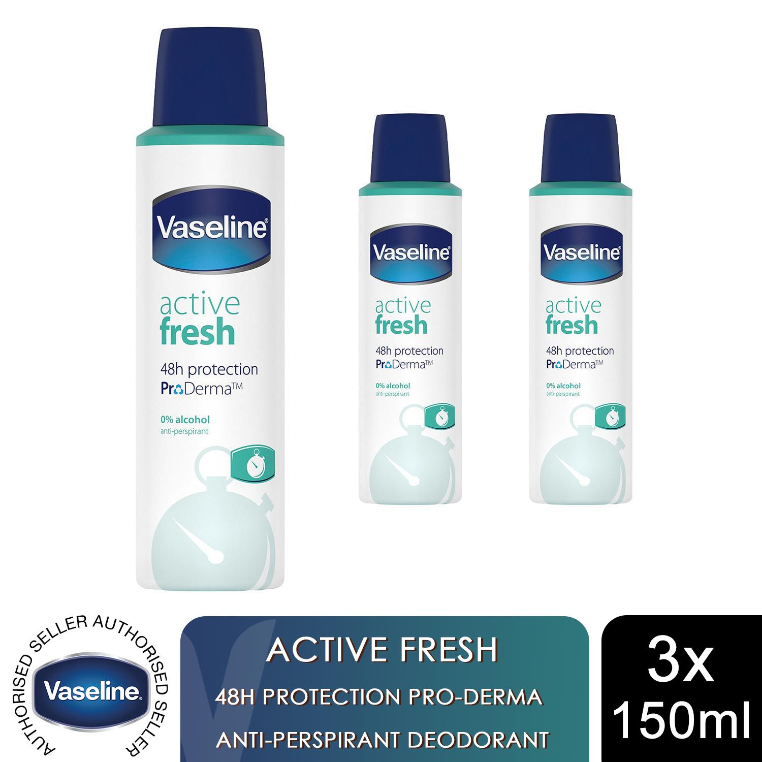 Vaseline ProDerma Antiperspirant Deodorant Active Fresh 150ml 48H Protection,3PK