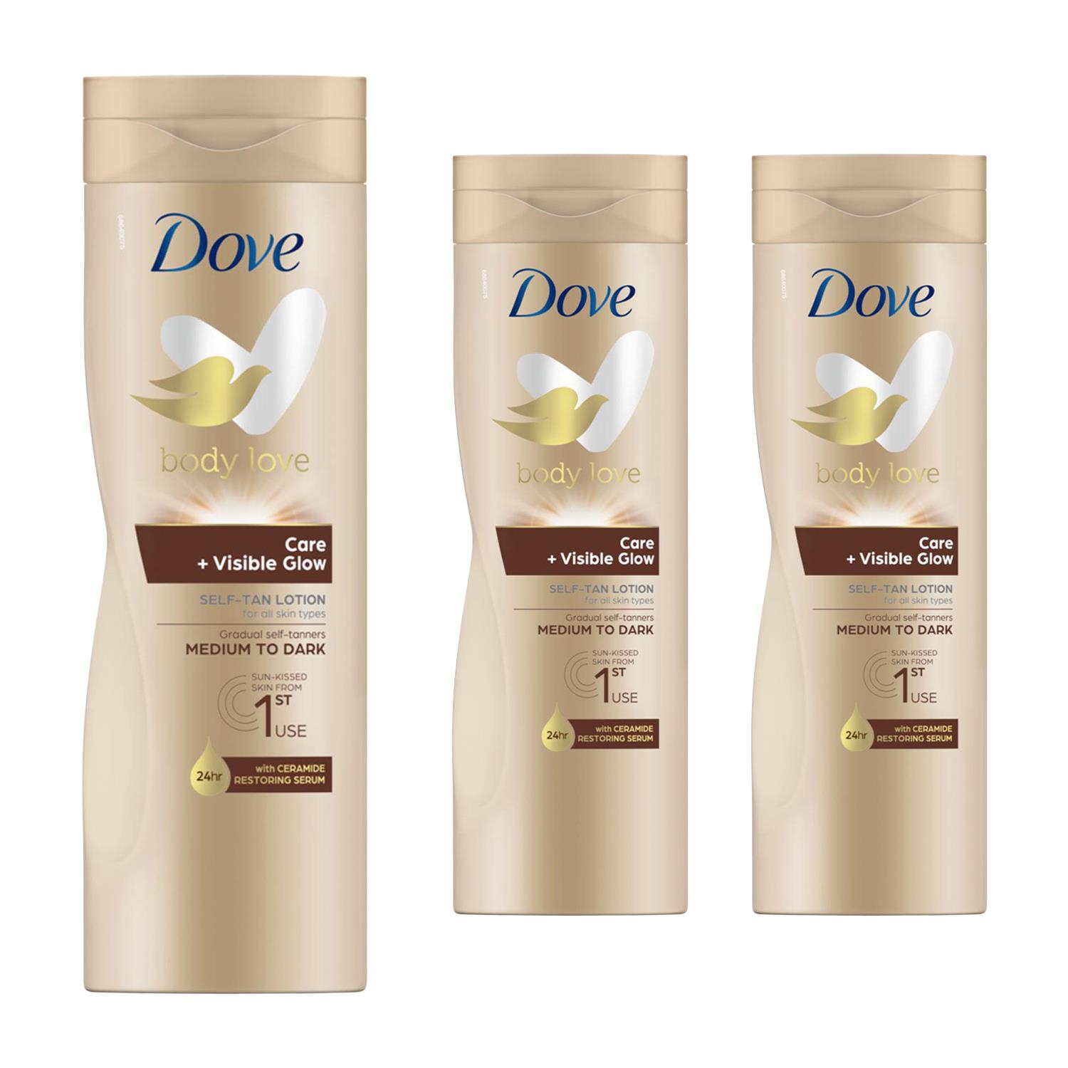 Dove Self Tan Body Lotion Pflegende Tiefenpflege + Feuchtigkeitslotion, 3x400ml