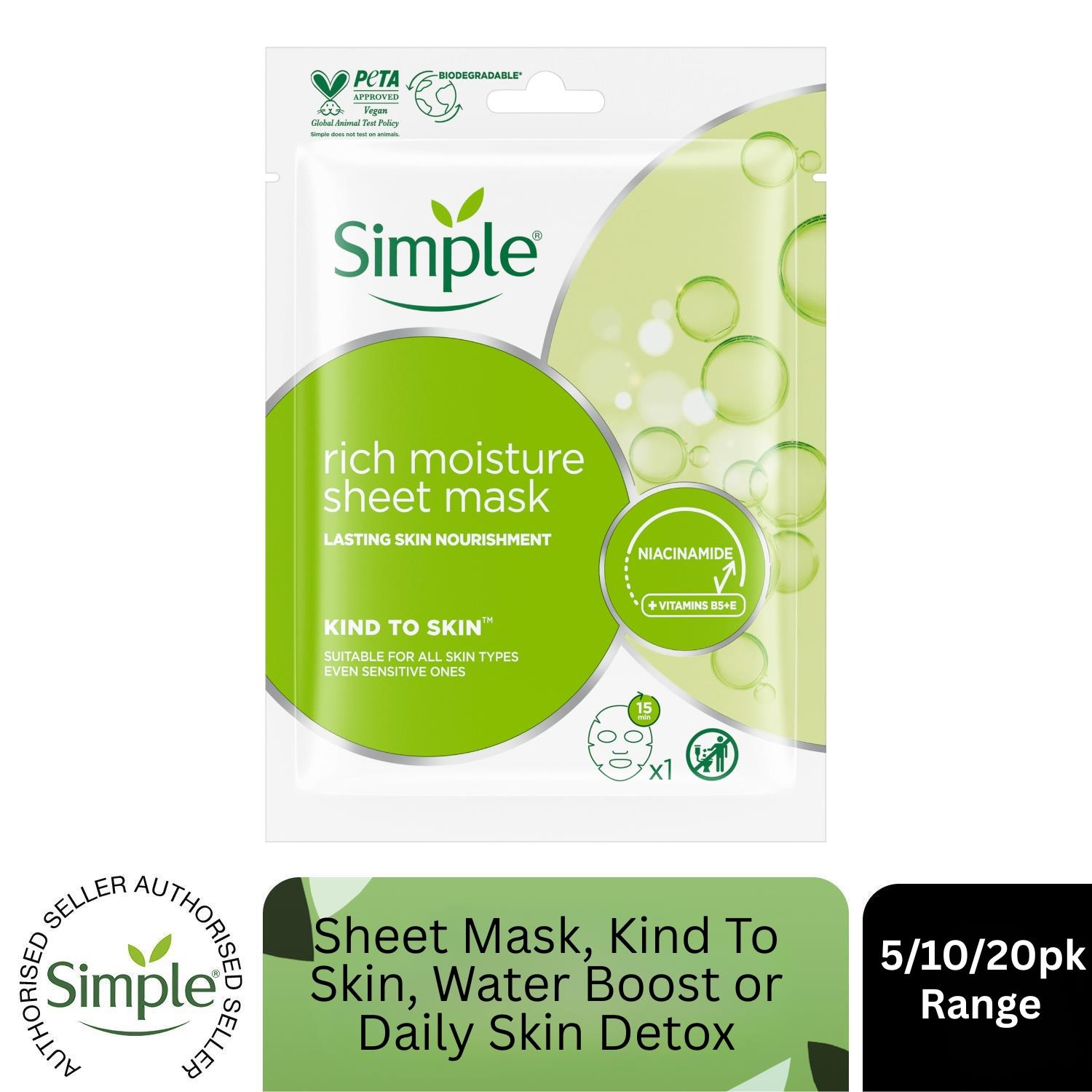 Simple Kind To Skin Rich Moisture Sheet Mask 21ml Sensitive Skin 5 /10 /20 Pack