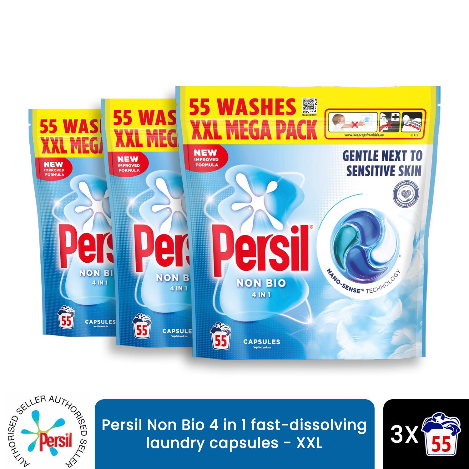 Persil Bio or Non Bio Laundry Detergent Capsules Fast Dissolving Pods 165W, 3Pk