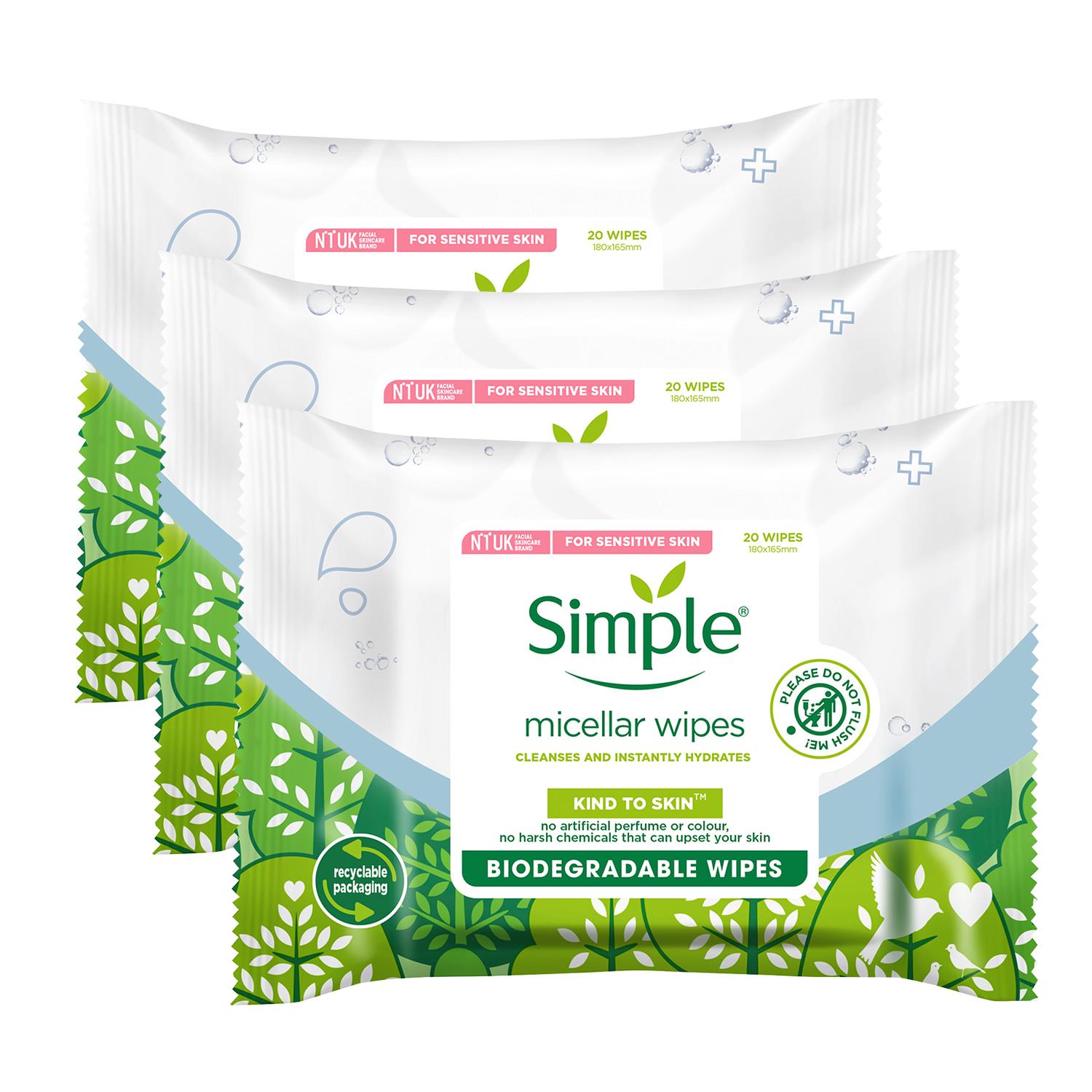Simple Biodegradable Cleansing Facial Wipes, 3x20 Wipes - Picture 21 of 54