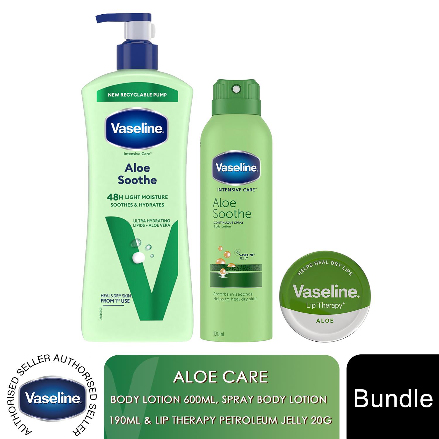Vaseline Aloe Soothe Care Bundle Lotion 600ml, Spray 190ml & Lip Therapy 20g Set