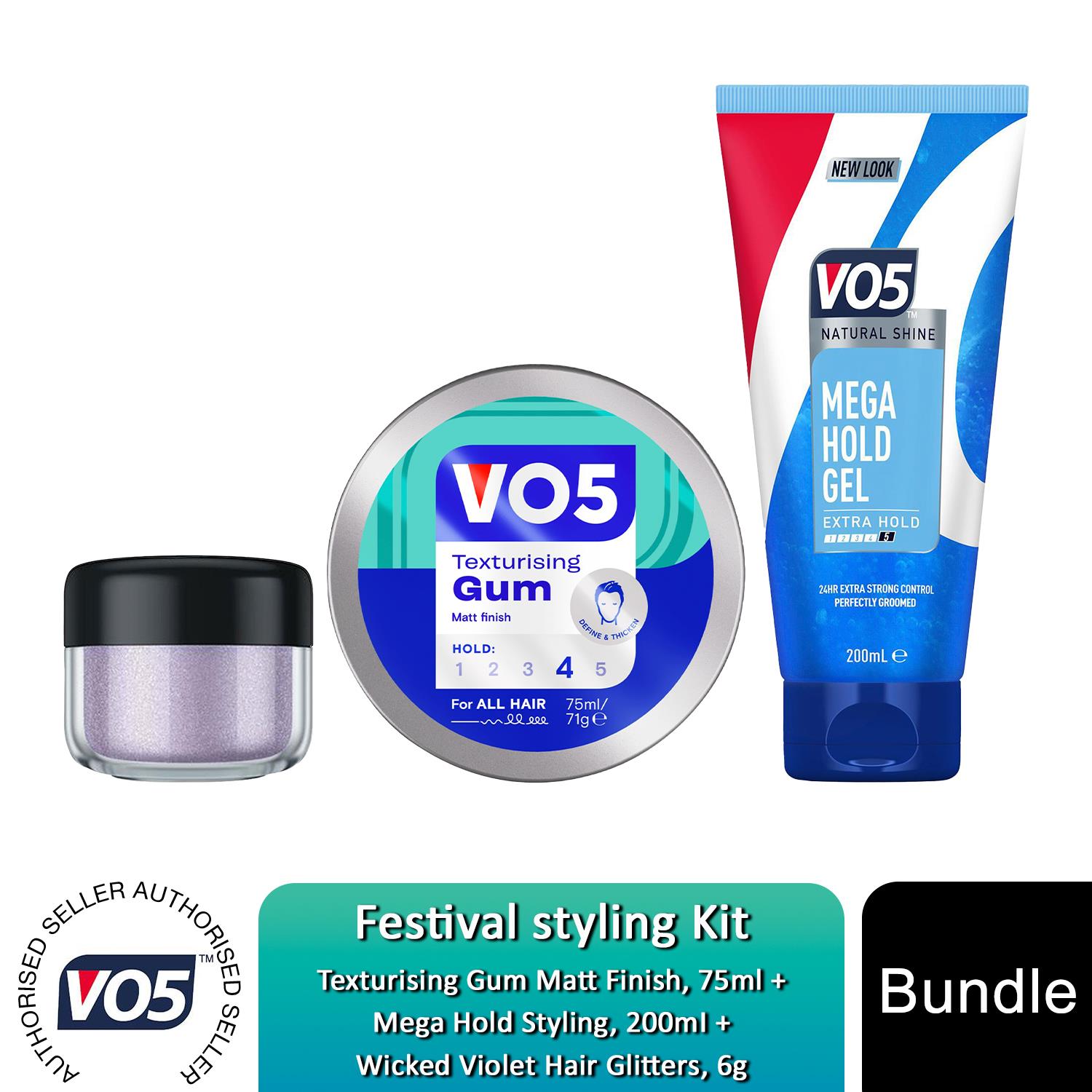 VO5 Festival Styling Kit Colourful Glitters, Mega Hold Gel & Texturising Gum