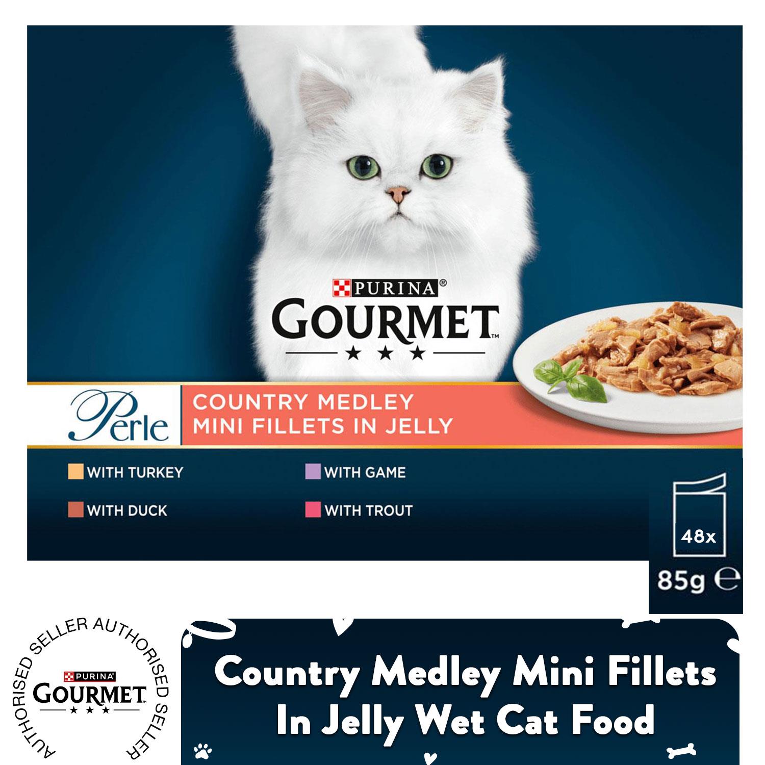 Comida húmeda gourmet para gatos perla Country Medley mini filetes en gelatina - paquetes múltiples