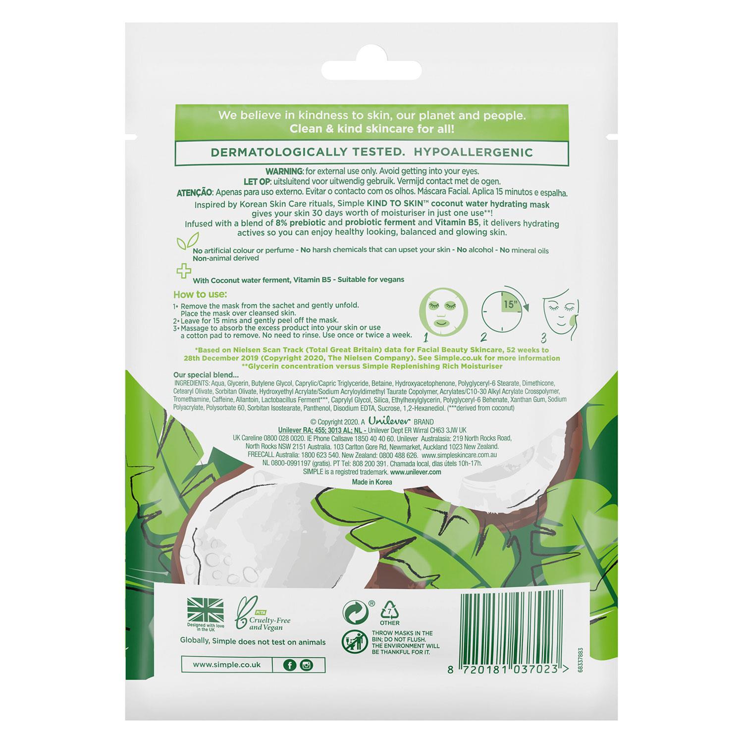 5/10x Simple Hydrating CoconutWater SheetMask with 8% PrePro Biotich Ferment,25g - Picture 14 of 16