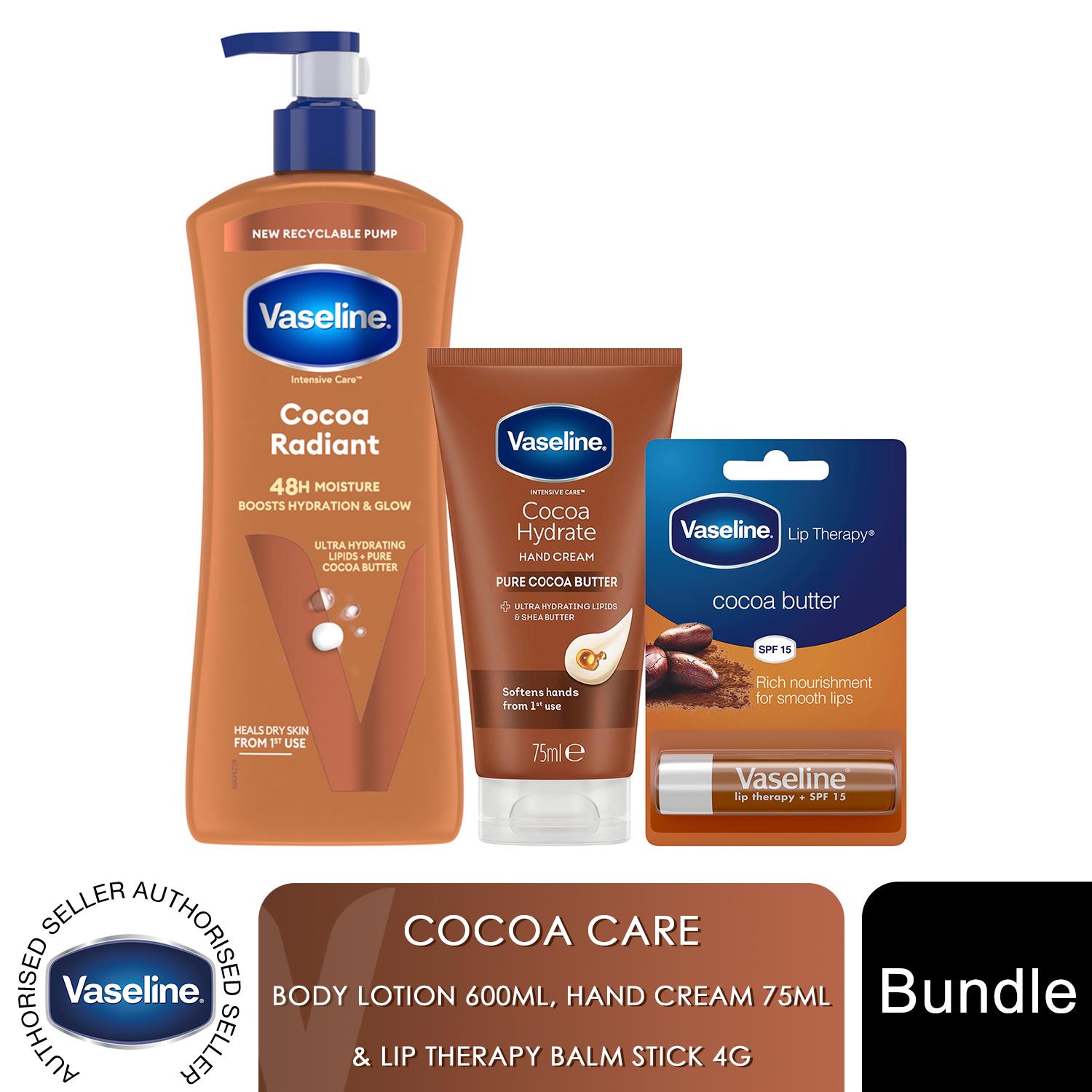 Vaseline Cocoa Radiant Bundle Lotion 600ml, Hand Cream 75ml & Lip Therapy 4g Set
