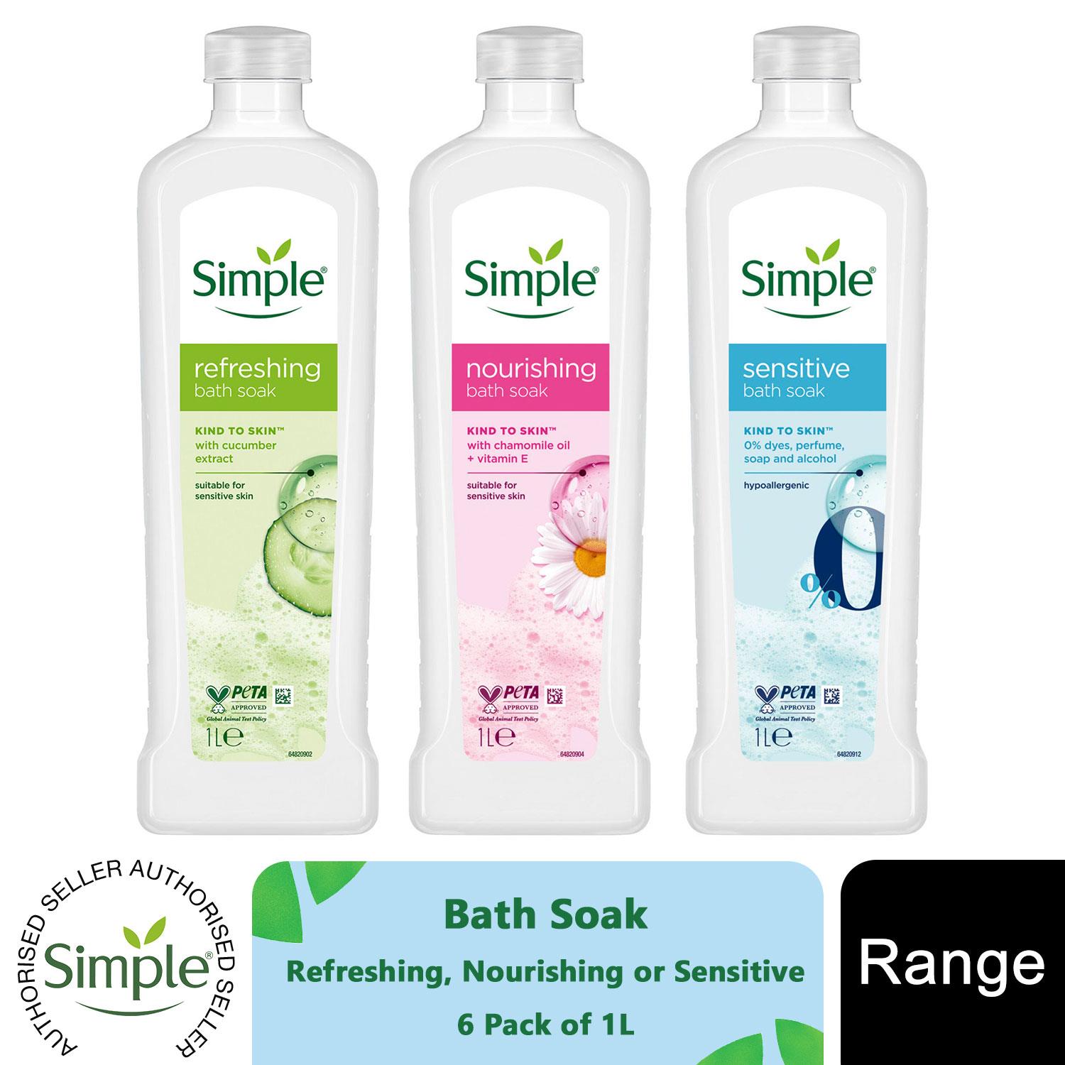 Simple Kind To Skin Bath Soak 1L Nourishing /Sensitive/ Refreshing Bath Care 6Pk