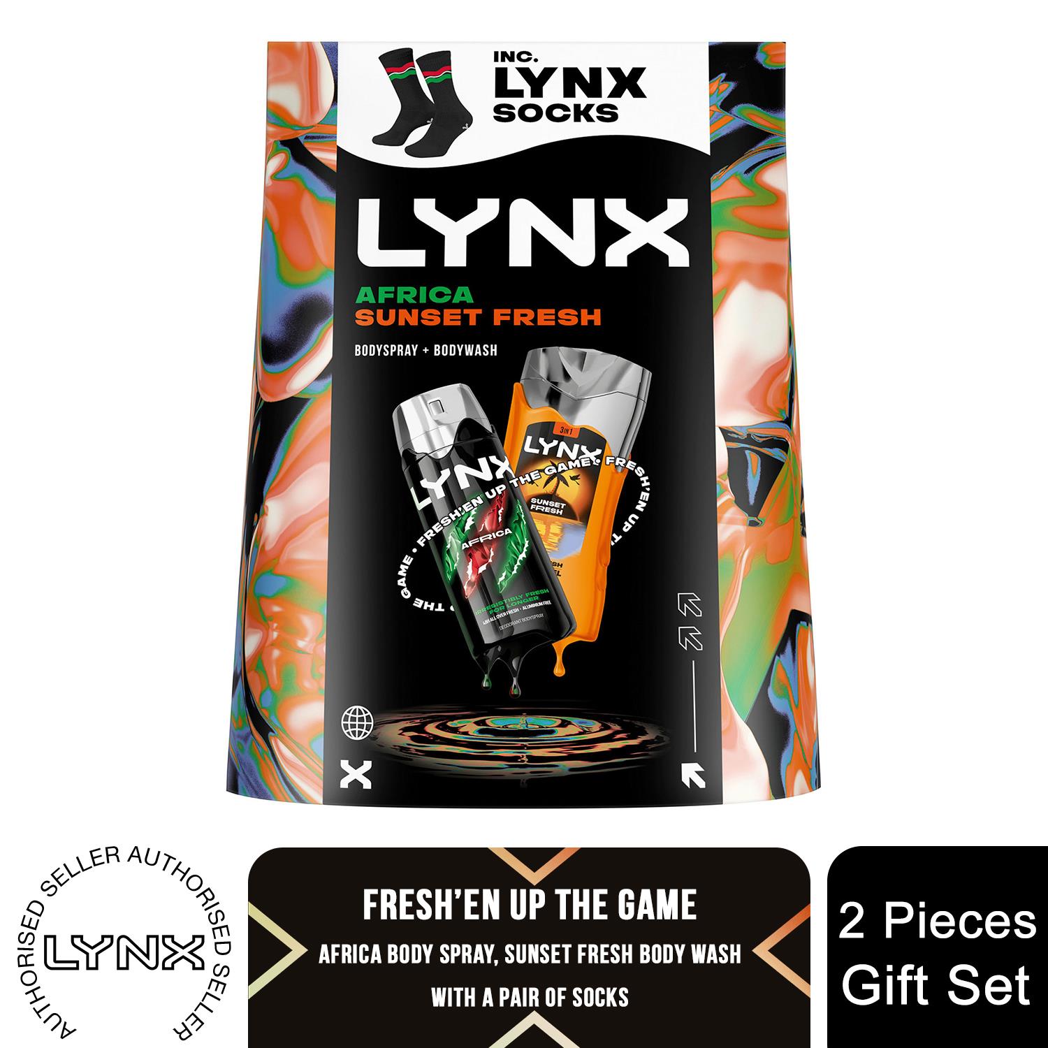 Lynx Africa Spray & Sunset Wash Gift Set with Socks, 48H Fresh Scent Care