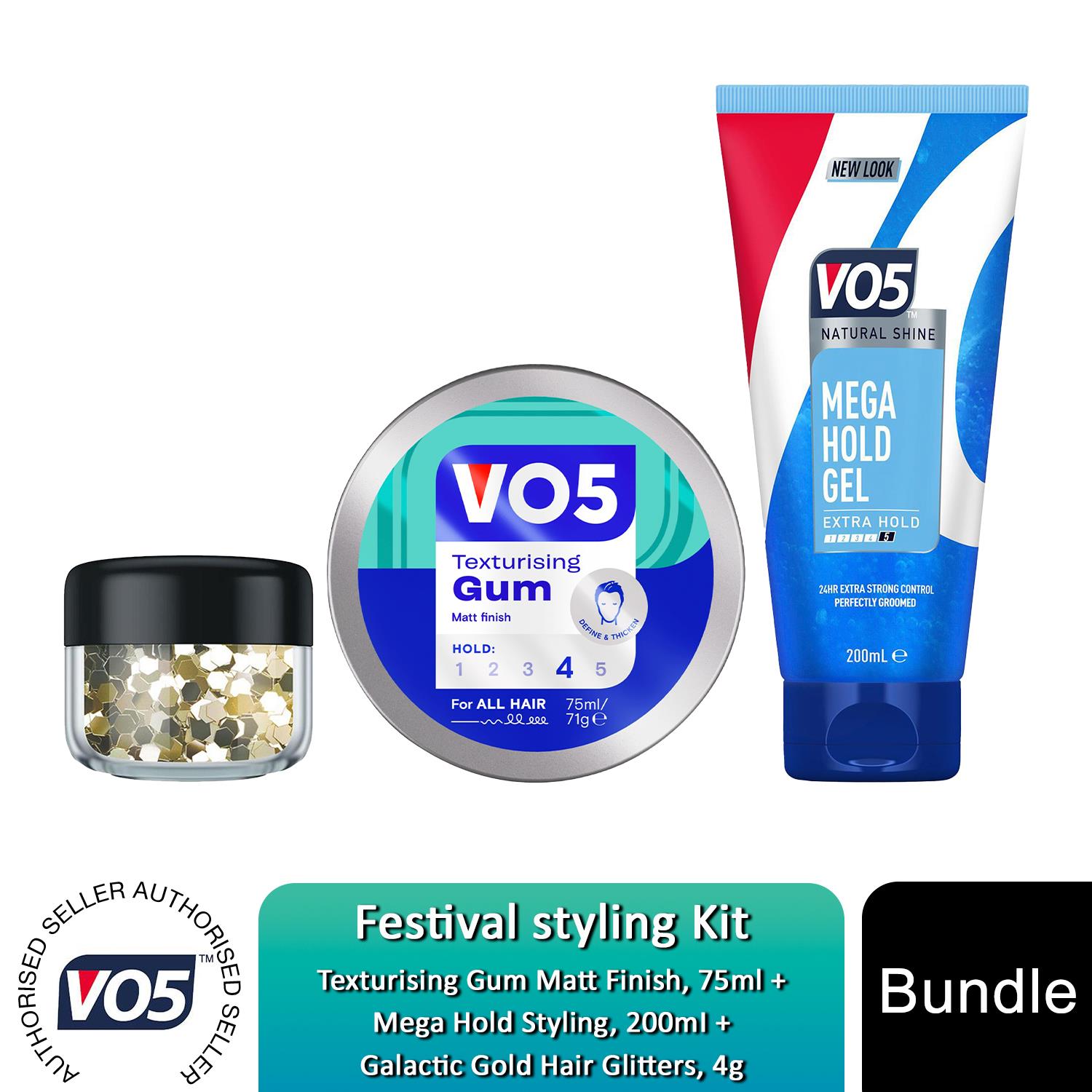 VO5 Festival Styling Kit Colourful Glitters, Mega Hold Gel & Texturising Gum