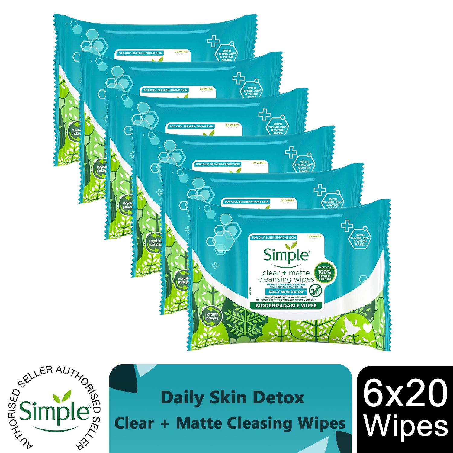 6 x 20 Wipes Simple Daily Skin Detox Matte & Clear Wipes For Oily Skin - Picture 11 of 22