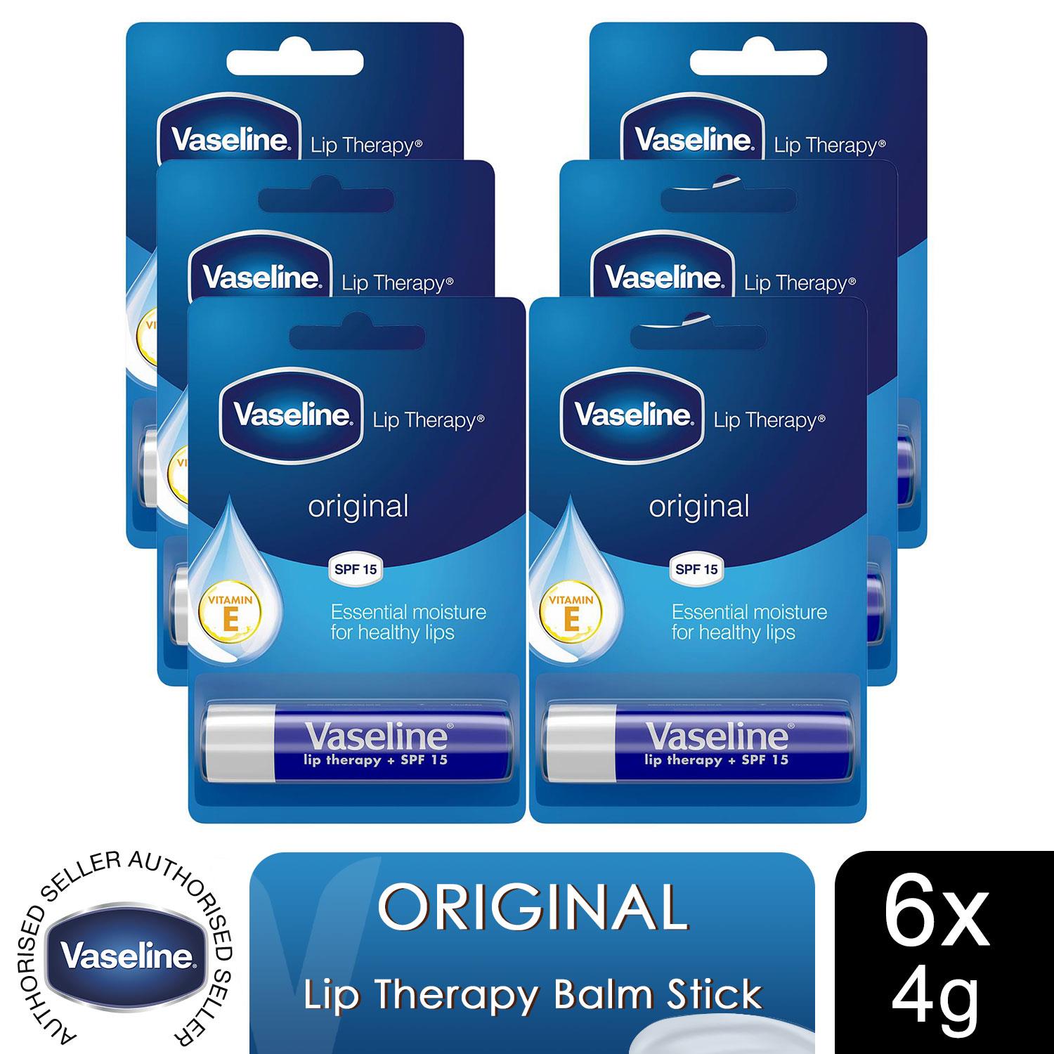 Vaseline Lip Balm Stick Original 4g, 6 Pack Lip Therapy Moisturising, Non Greasy