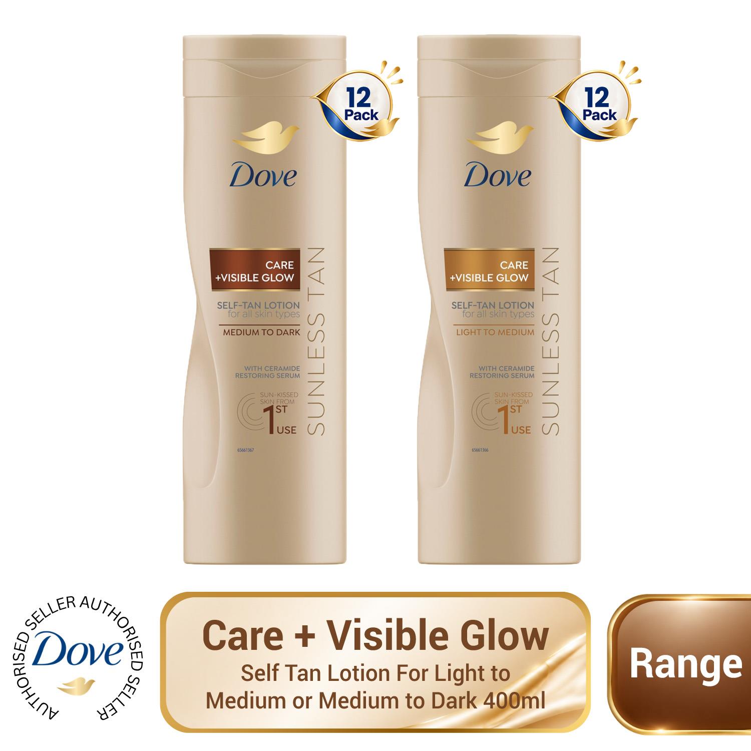 Dove Visible Glow Self Tan Lotion For Light to Medium or Medium to Dark 12x400ml