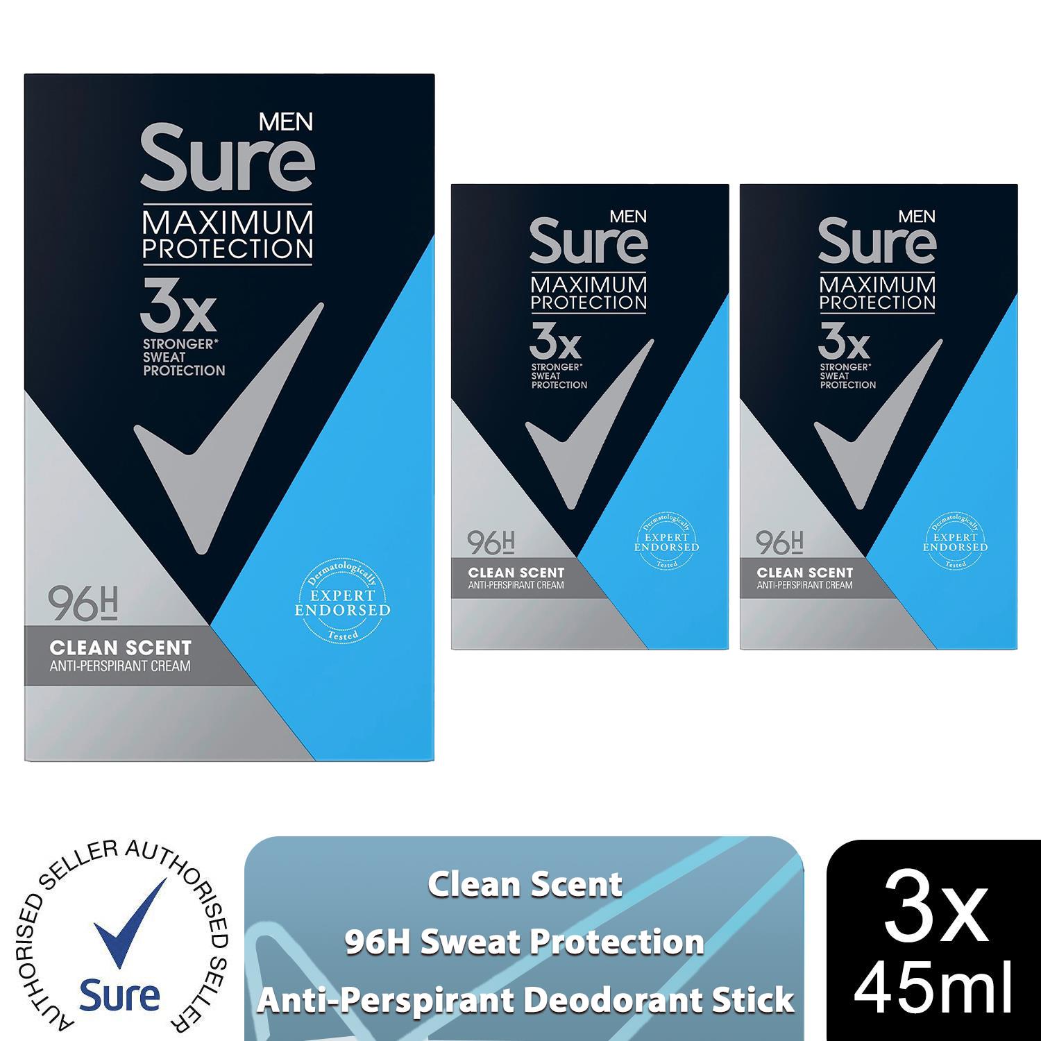 Sure Men Clean Scent or Sports Active Anti-Perspirant Cream Stick, 3 Pack, 45ml - Picture 7 of 17