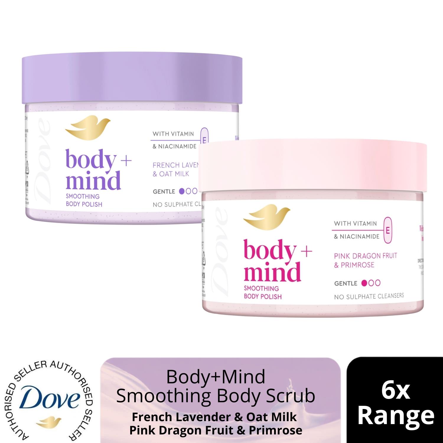Dove Body+ Mind Body Smoothing Scrub 295ml Lavender or Dragon Fruit 6 Pack Range