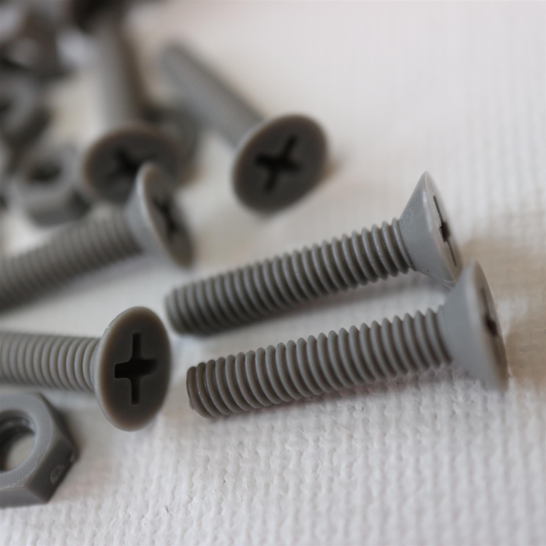 20x Grey Countersunk Plastic Nuts & Bolts, M4 x 20mm, Gray, Screws