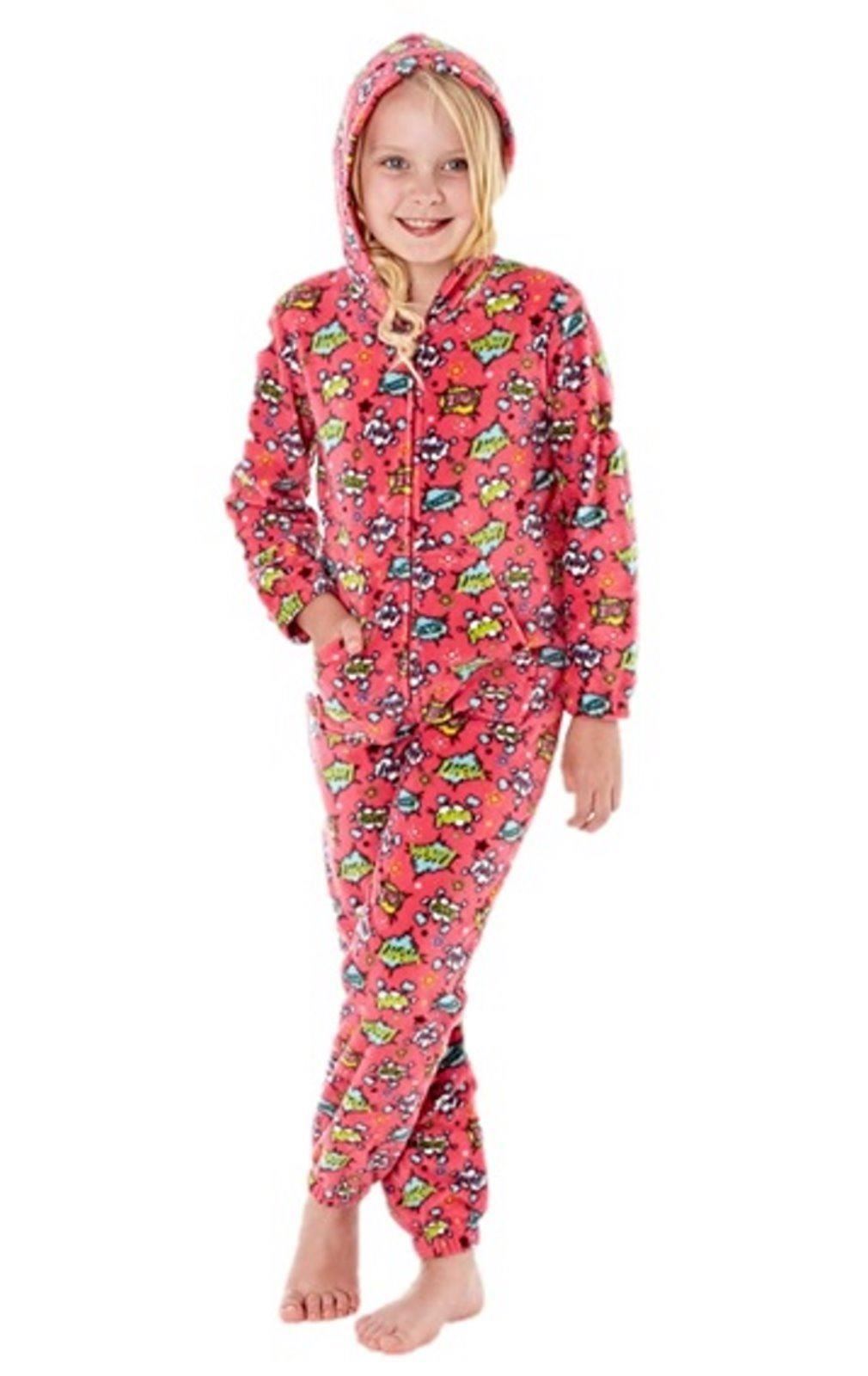 Girls Boys Fleece All In One Piece Jumpsuit Hooded Pyjamas Pajama eBay