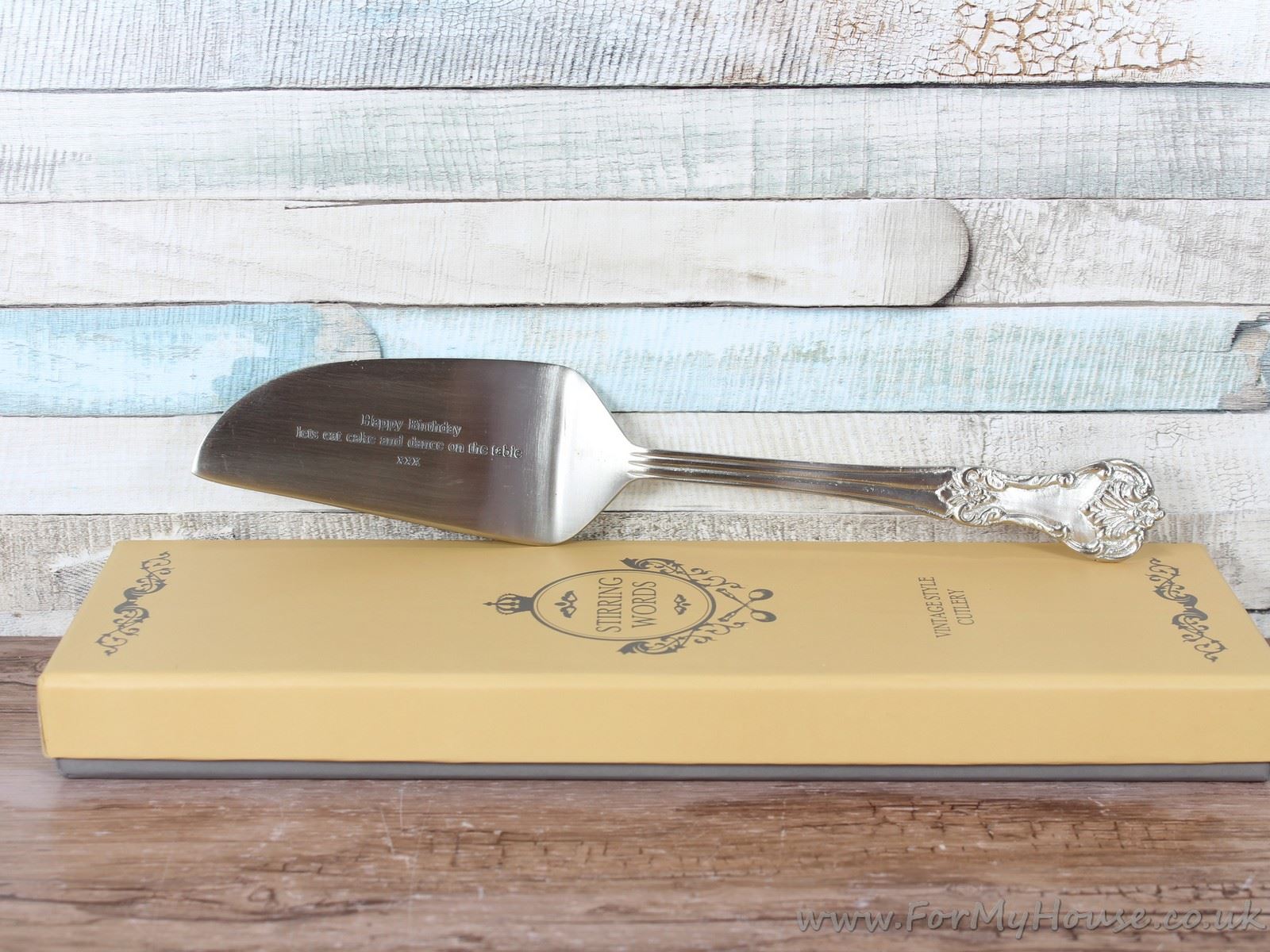 Vintage Stirring words Happy birthday … eat cake and dance cake slice server