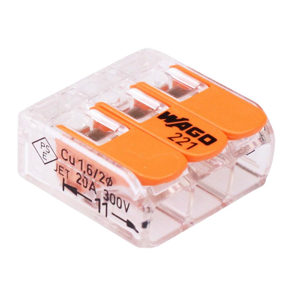 WAGO 221-413 3-Way Compact Connectors – Reusable Electrical Wire Connectors – 10 Pack